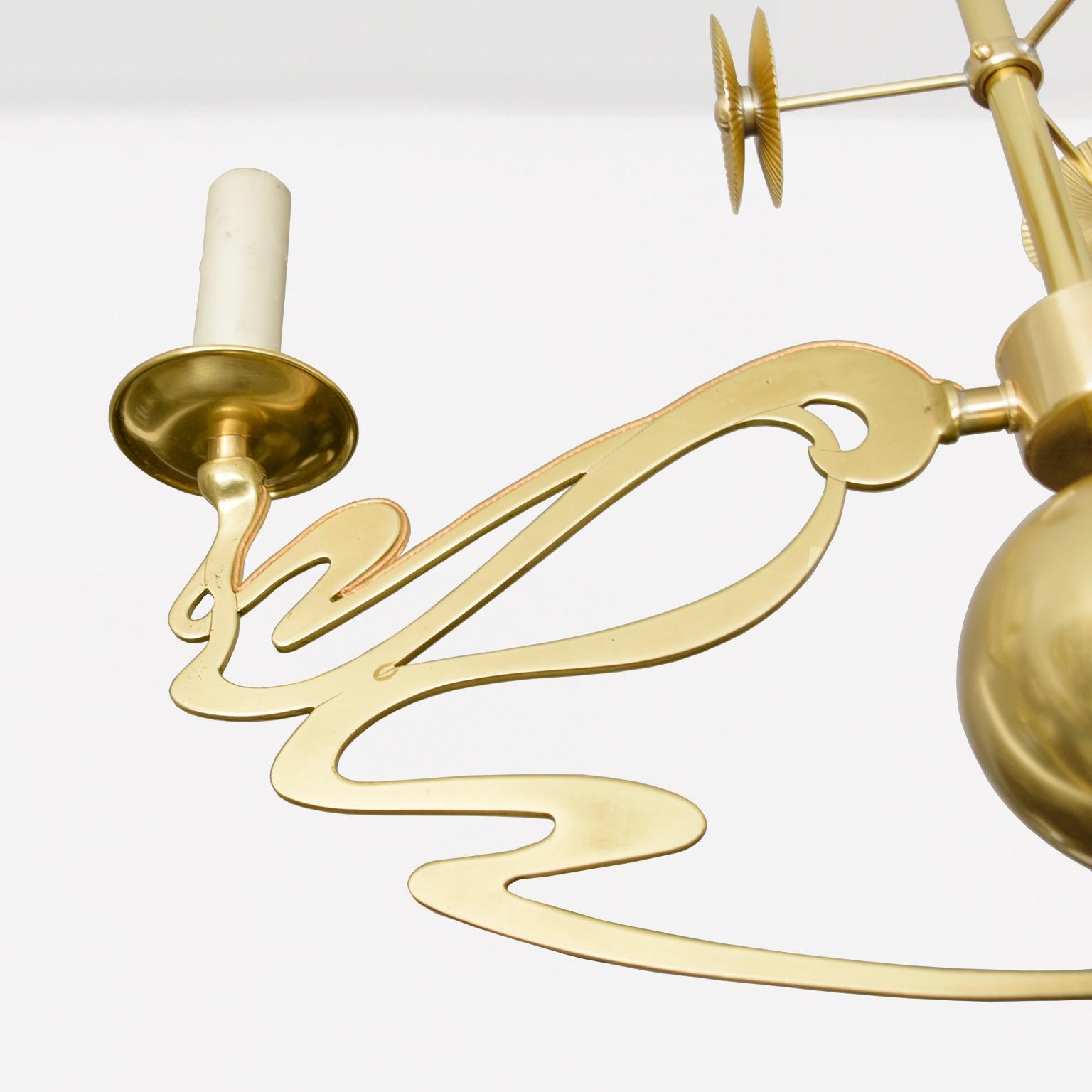 Swedish Jugendstil, Art Nouveau 3-arm chandelier of polished brass, B In Good Condition For Sale In New York, NY