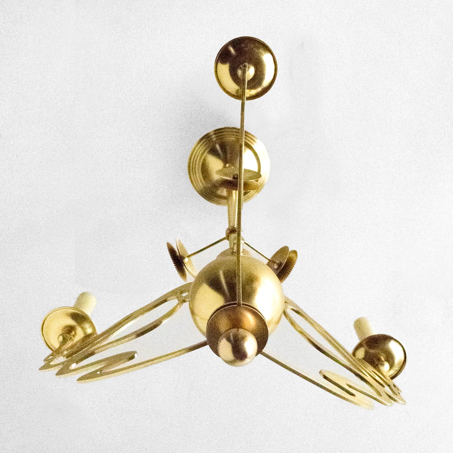 Swedish Jugendstil, Art Nouveau 3-arm chandelier of polished brass, B In Good Condition For Sale In New York, NY