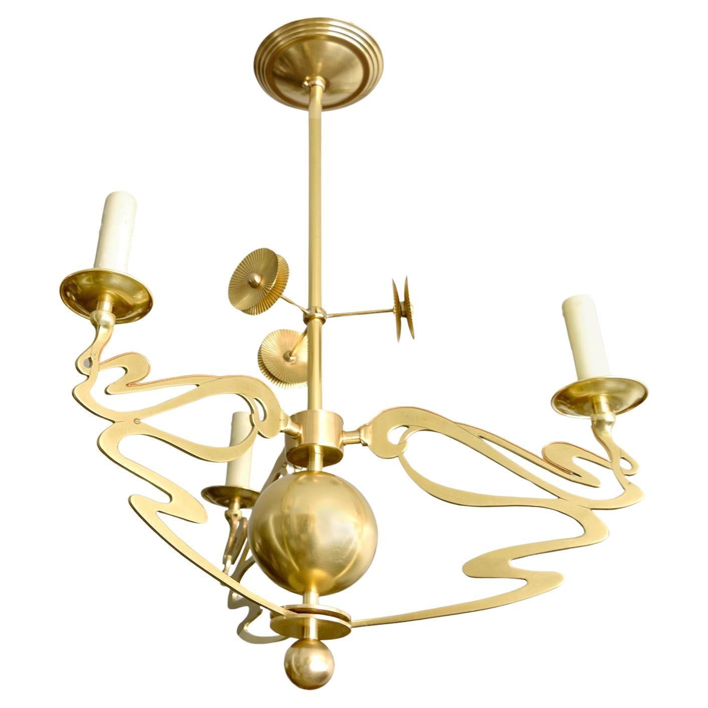 Swedish Jugendstil, Art Nouveau 3-arm chandelier of polished brass, B