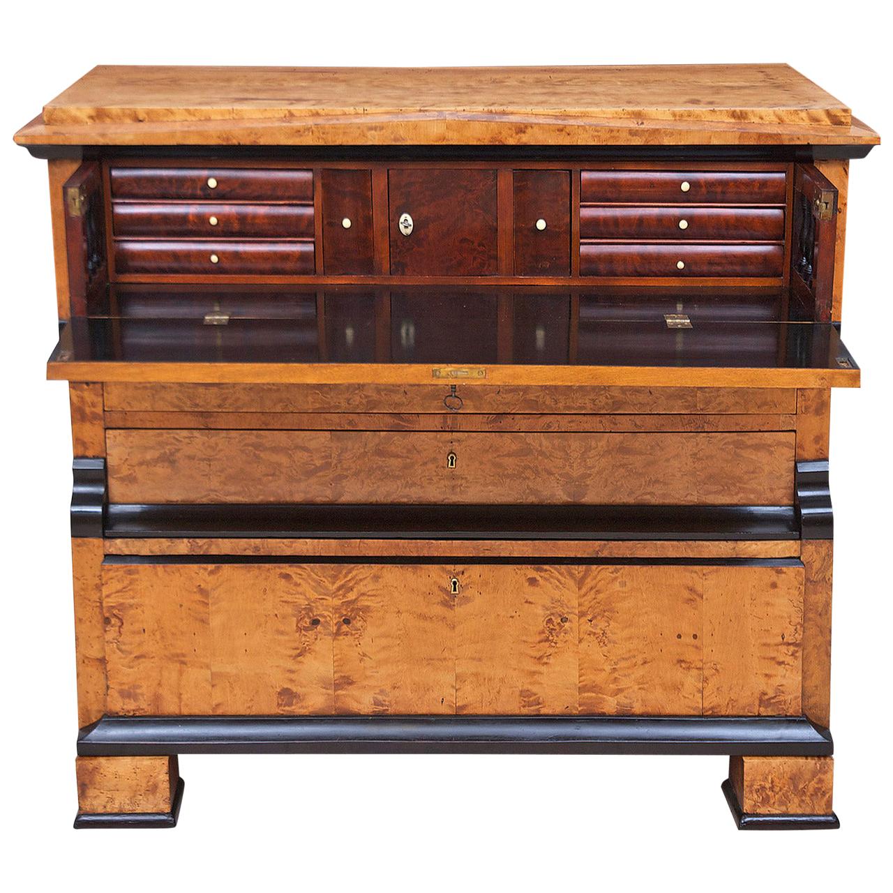 Swedish Karl Johan Biedermeier Chest of Drawers with Pull Out Secretary in Birch For Sale