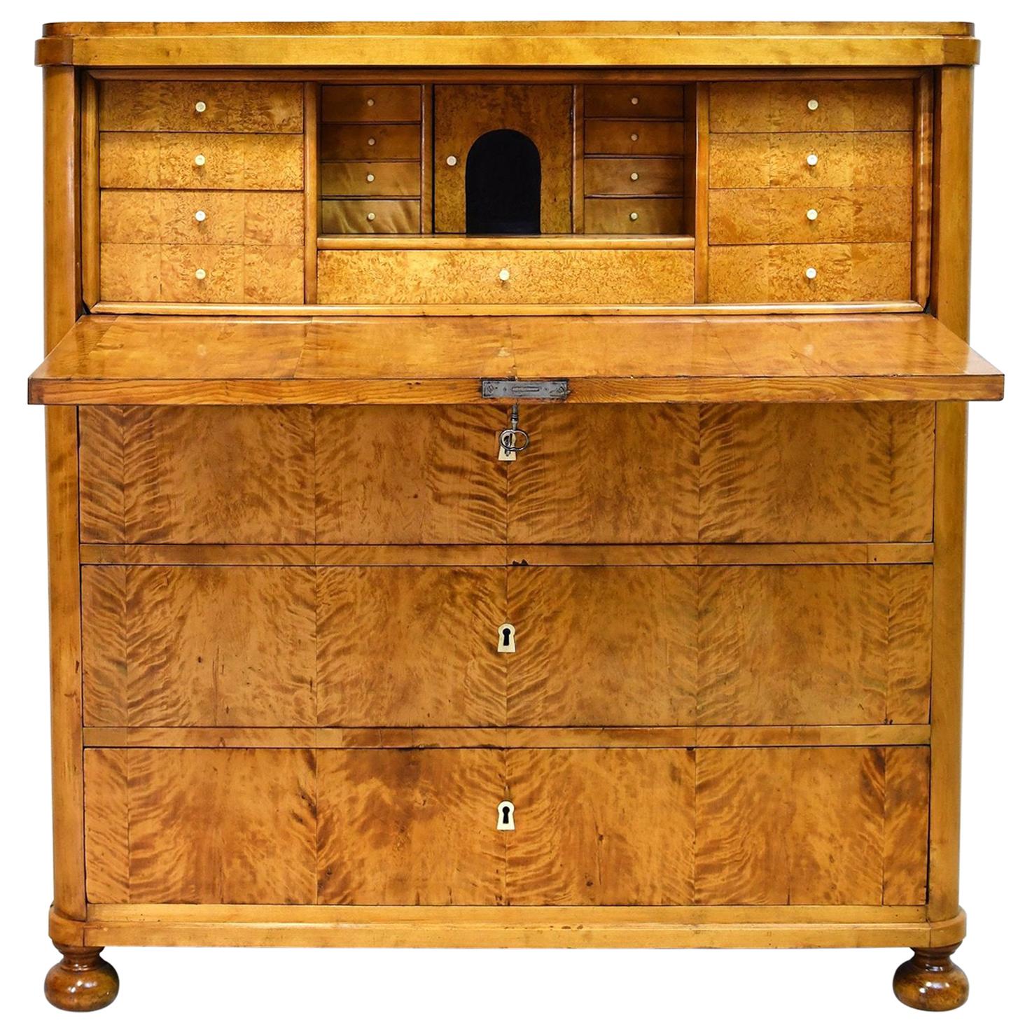 Swedish Karl Johan Chest of Drawers with Fall Front Secretary in Fire Birch