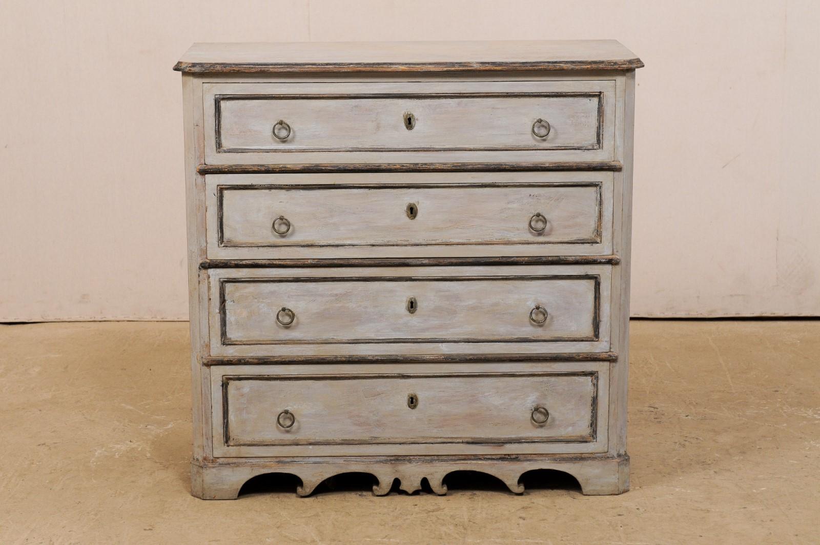 Hand-Painted Swedish Karl Johan Painted Wood Chest with Ornately Carved Skirt