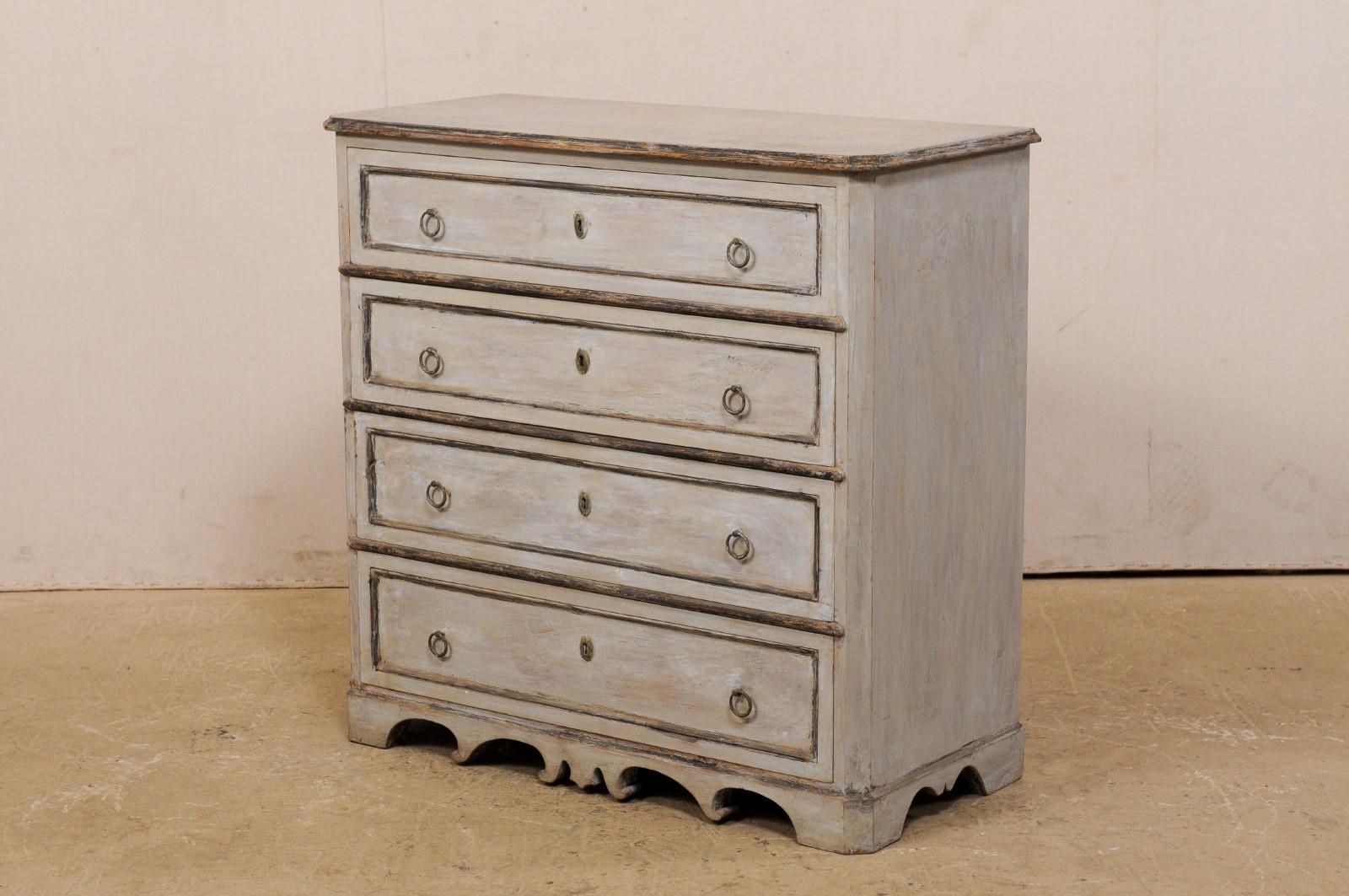19th Century Swedish Karl Johan Painted Wood Chest with Ornately Carved Skirt