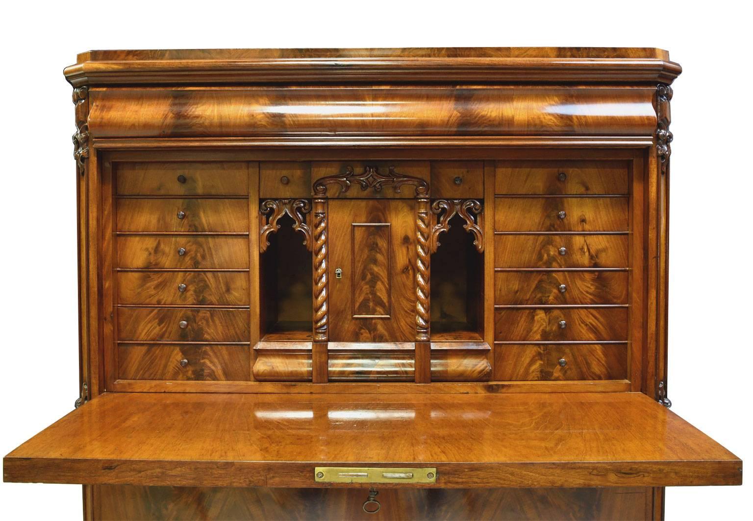 Hand-Carved Swedish Karl Johan Secretary Desk in West Indies Mahogany, circa 1845