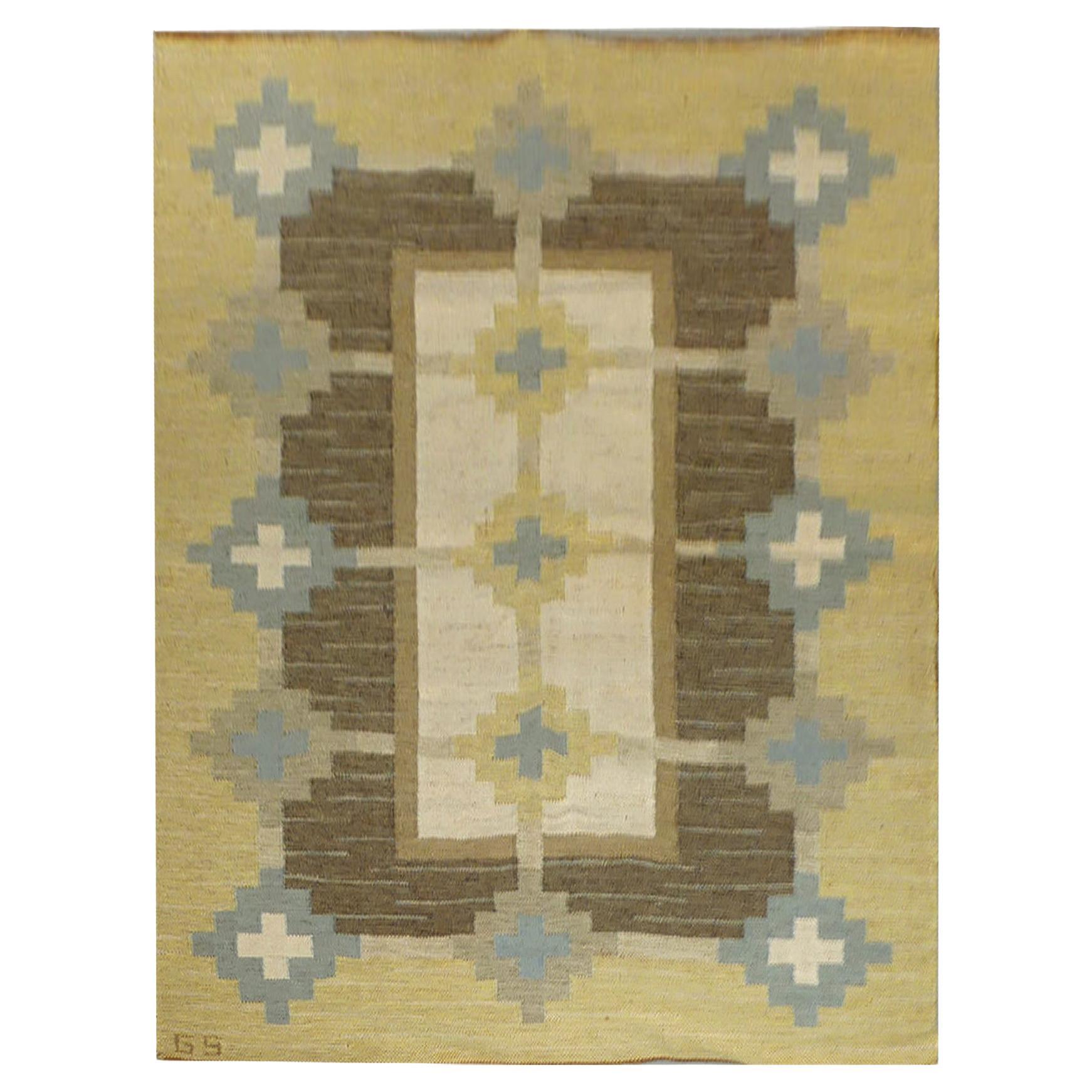 Tapis Kilim suédois jaune, signé GS Sverker Greuholm Geometric