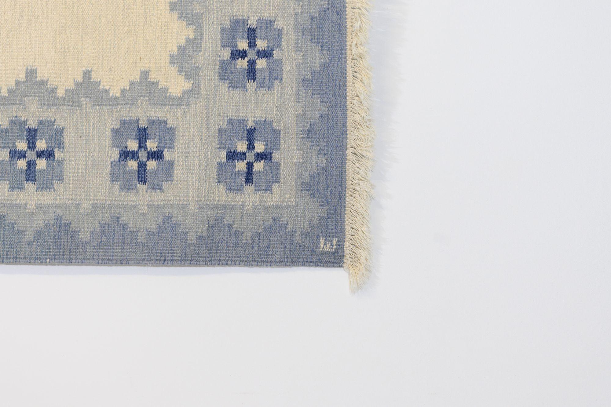 Swedish Kilim in Tones of Blue Signed E In Good Condition For Sale In London, England
