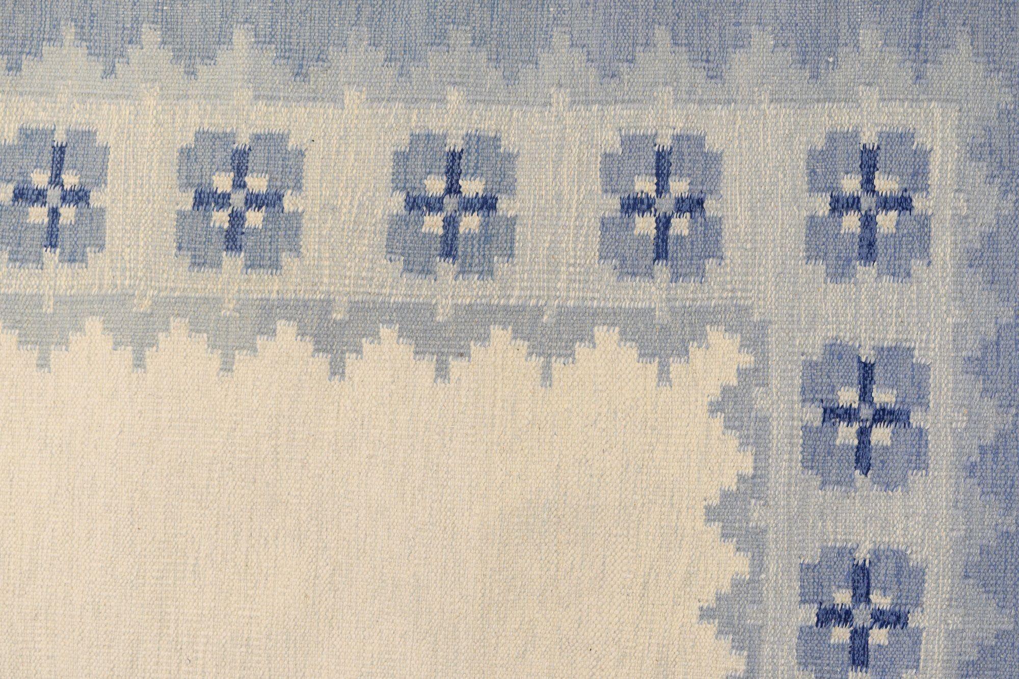 Mid-20th Century Swedish Kilim in Tones of Blue Signed E For Sale