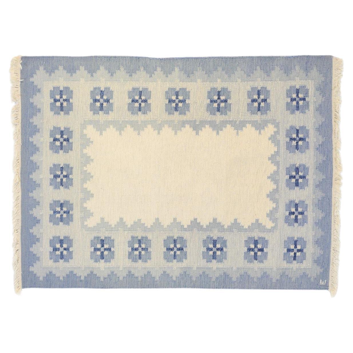 Swedish Kilim in Tones of Blue Signed E