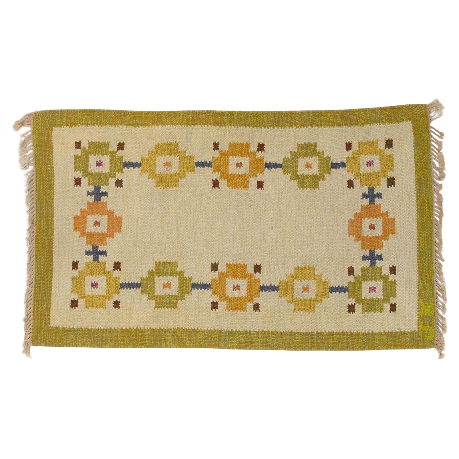 Swedish Kilim in Tones of Pale Yellow Signed J.K