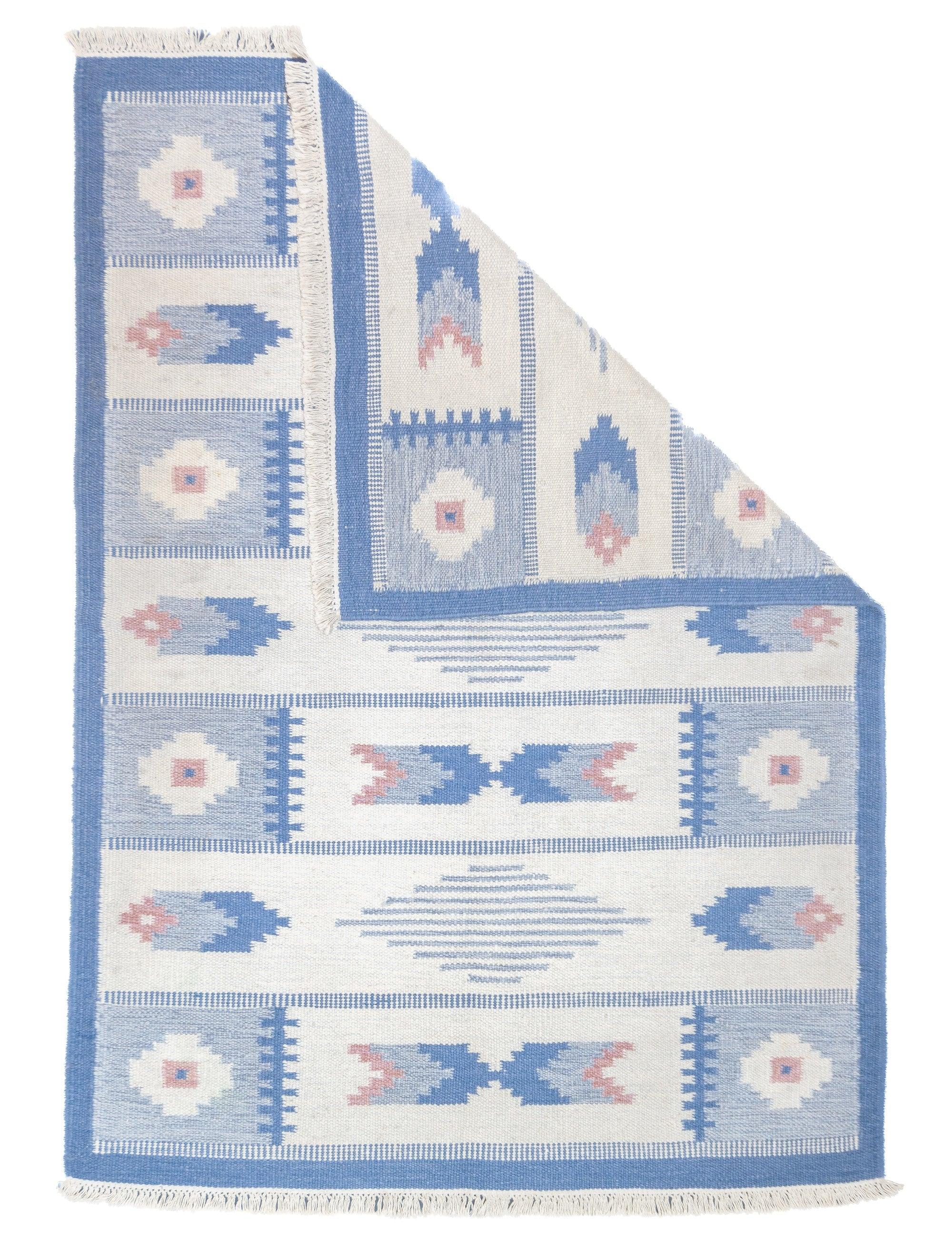 Swedish Kilim Rug 4'5'' x 6'3''. A technique rather than a type of rug. Technique is: slit tapestry, warp shared wefting, single or double weft interlocking. Also refers to plain weave bands at end finishes. Kilims are light weight, generally made