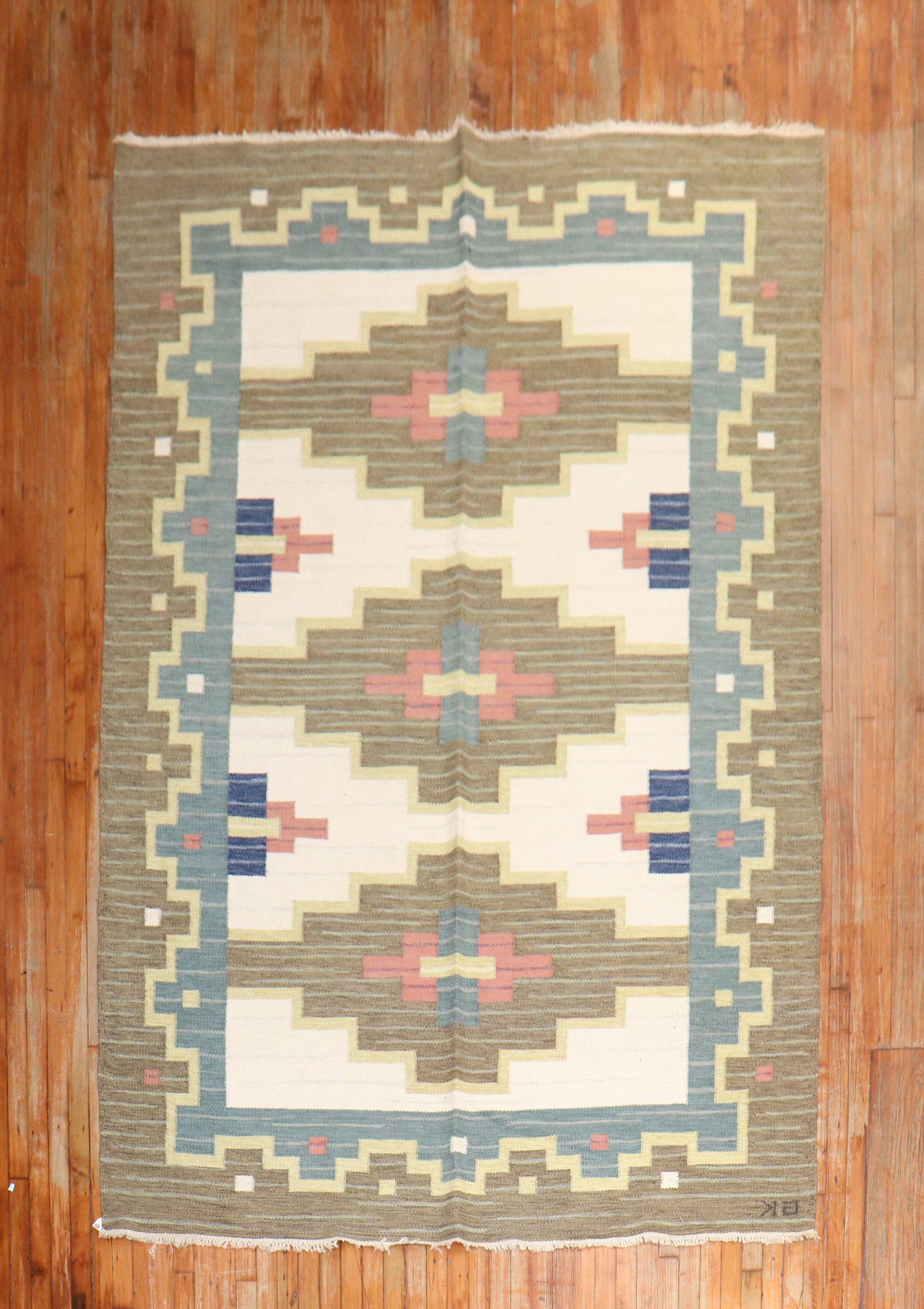 Swedish flatweave Röllakan carpet signed GK by an unknown designer from the 1950s.

Measures: 6'8'' x 9'8