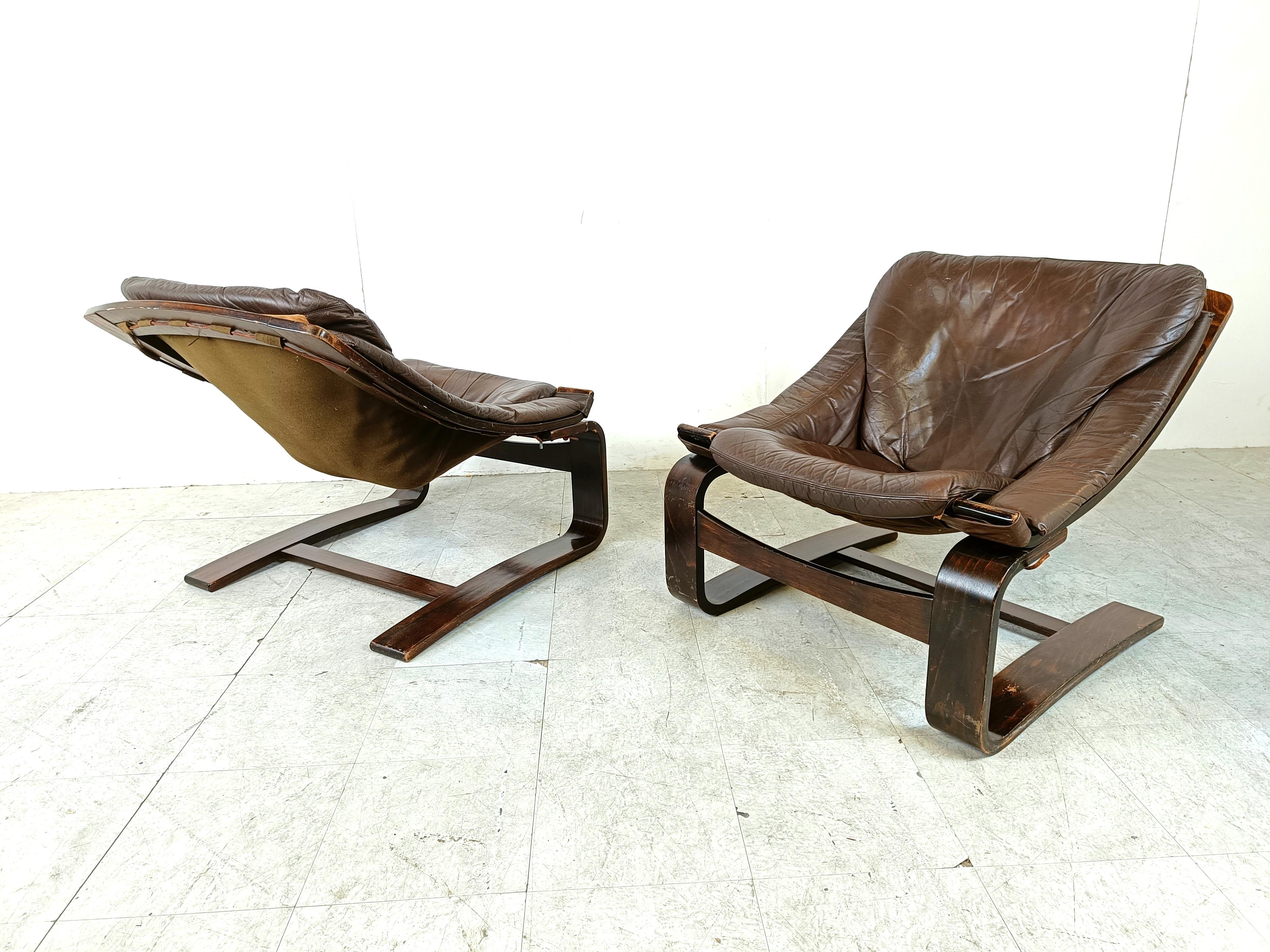 Cuir Fauteuils suédois Kroken par Ake Fribyter pour Nelo Möbel, 1970, ensemble de 2