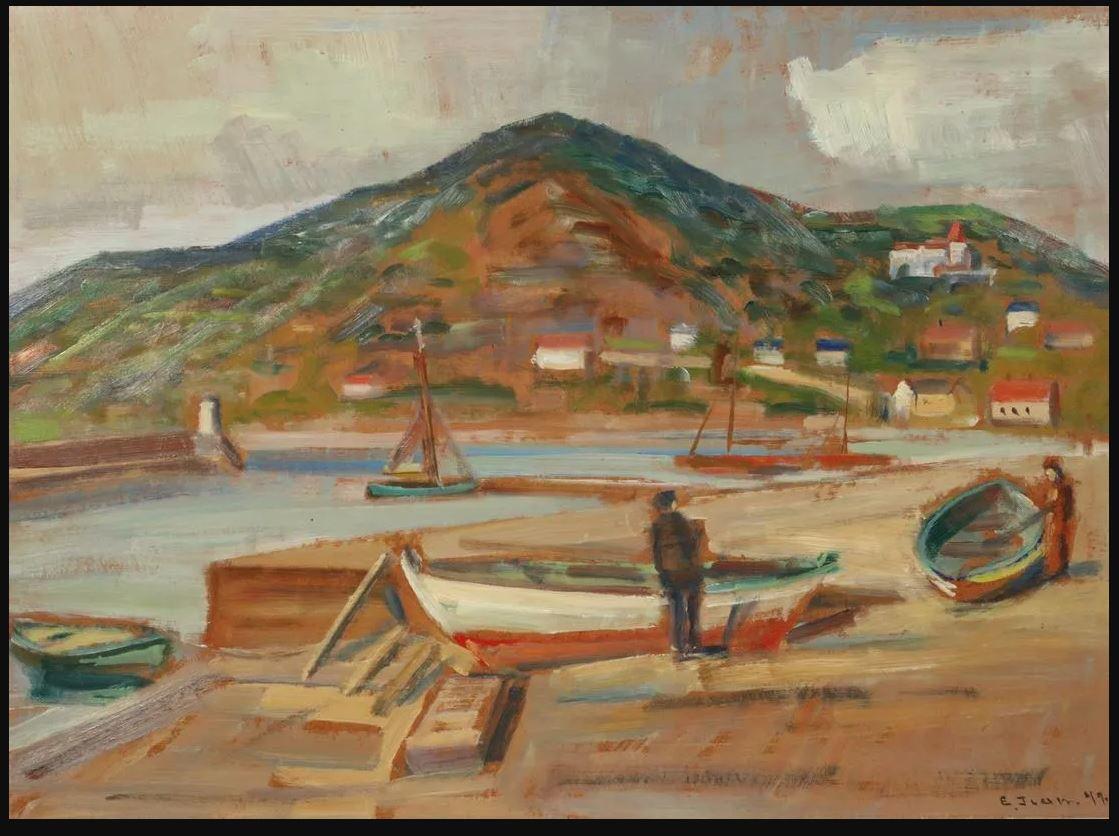 Mediterranean harbor scene by Swedish painter in a gilt frame.