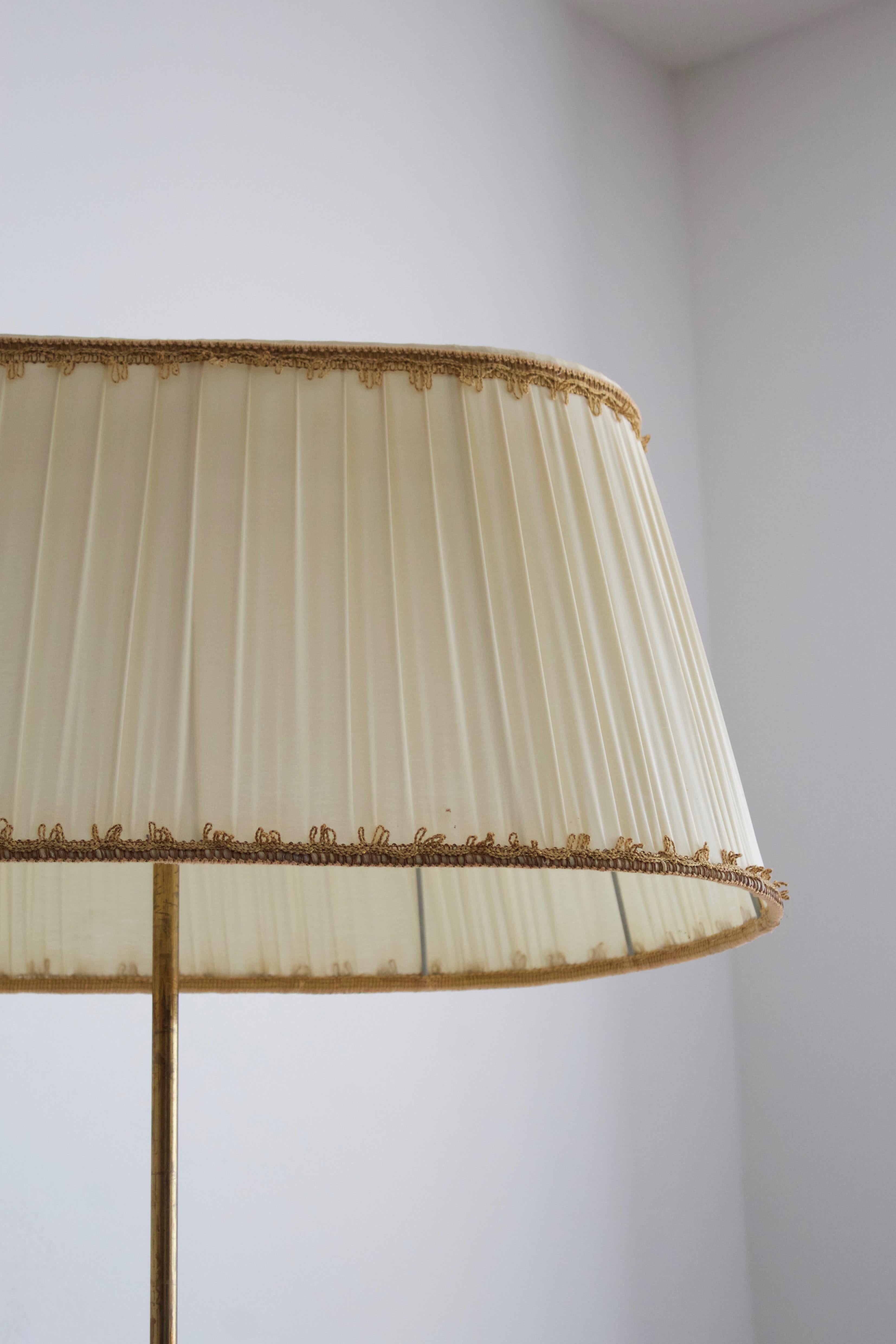 Mid-Century Modern Swedish, Large Adjustable Floor Lamp, Brass, Masur Birch Fabric, Sweden, 1940s