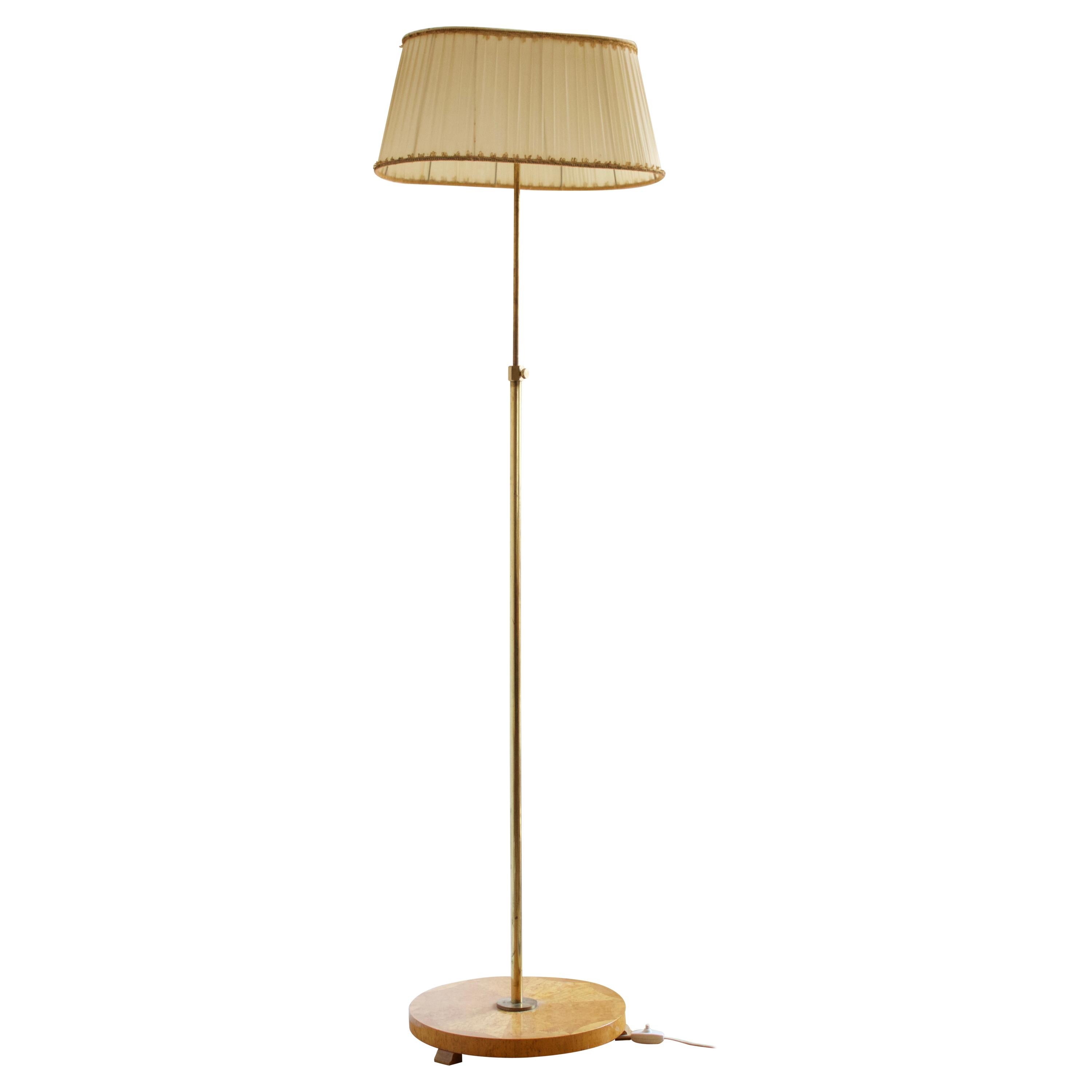 Swedish, Large Adjustable Floor Lamp, Brass, Masur Birch Fabric, Sweden, 1940s