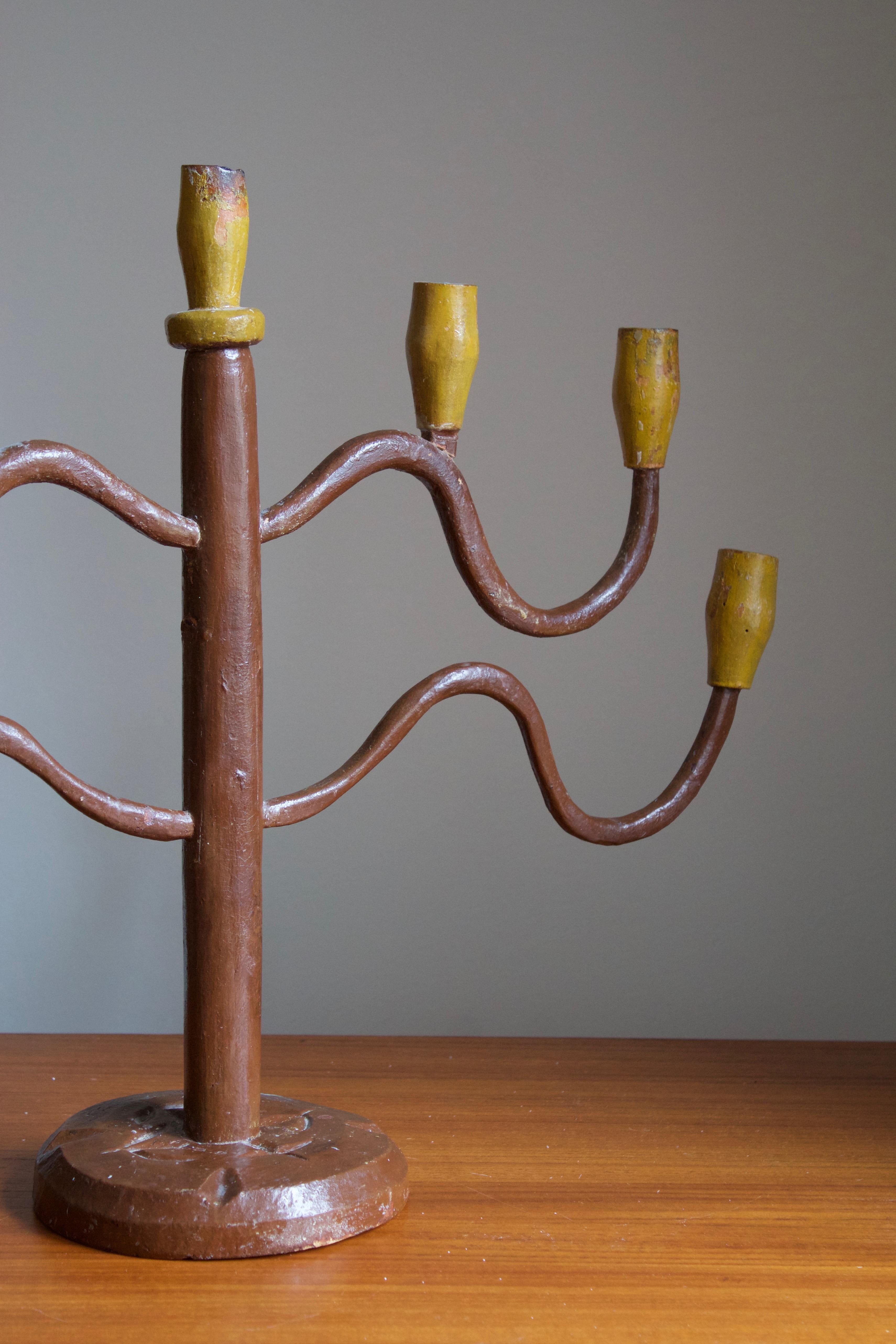 Swedish, Large Antique Organic Candelabra, Painted Wood, Sweden, c. 1900 In Fair Condition In High Point, NC