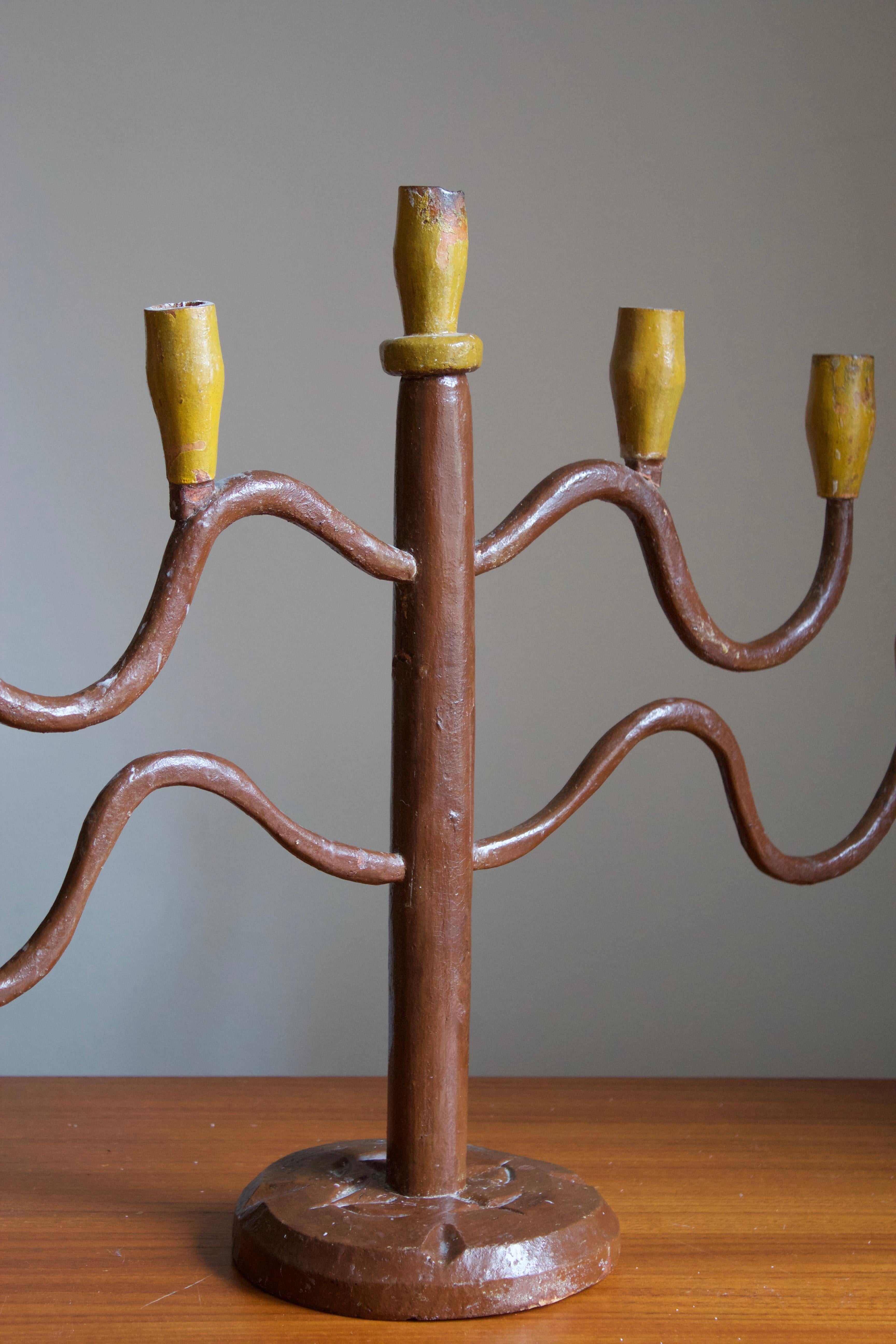 Early 20th Century Swedish, Large Antique Organic Candelabra, Painted Wood, Sweden, c. 1900