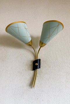 Swedish Brass Two-Light Wall Sconce, Bag Lamp Shades, Sweden, 1950s