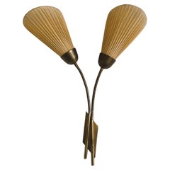 Swedish Large Brass Adjustable Double Wall Light, Pleated Shades, Sweden, 1950s