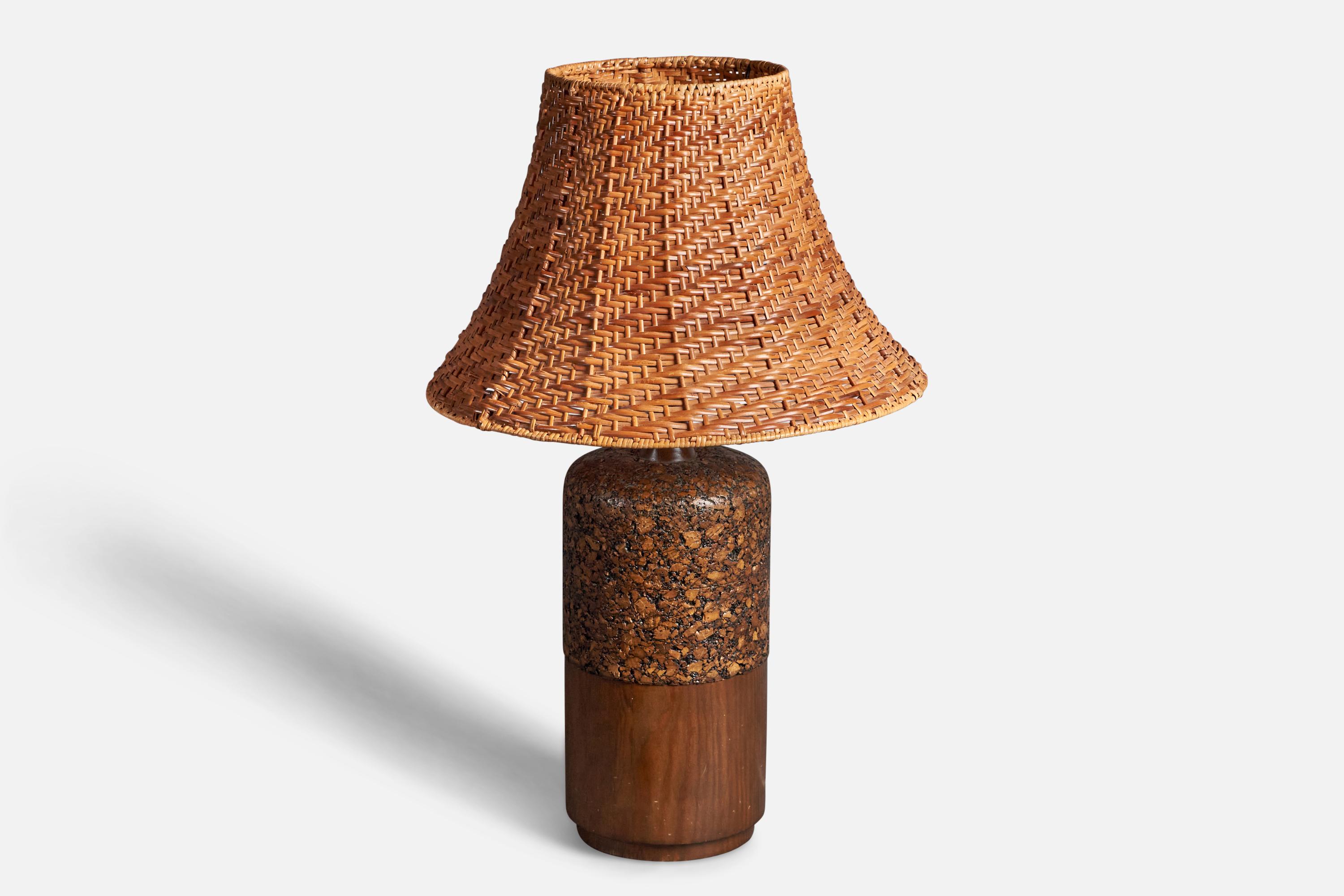 Mid-Century Modern Swedish, Large Table Lamp, Stained Pine, Cork, Sweden, 1950s For Sale