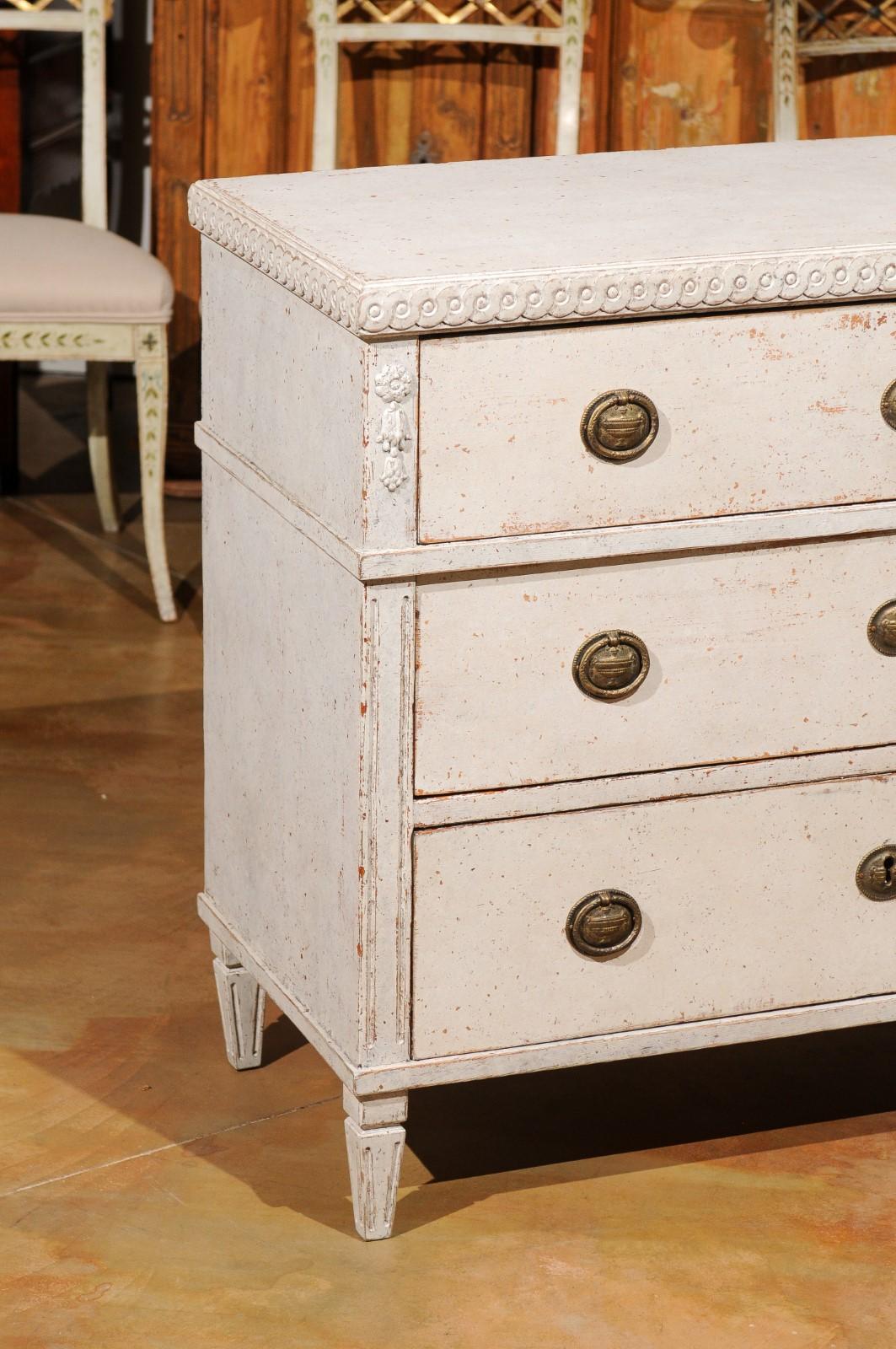 Carved Swedish Late 18th Century Gustavian Painted Three-Drawer Chest with Guilloches