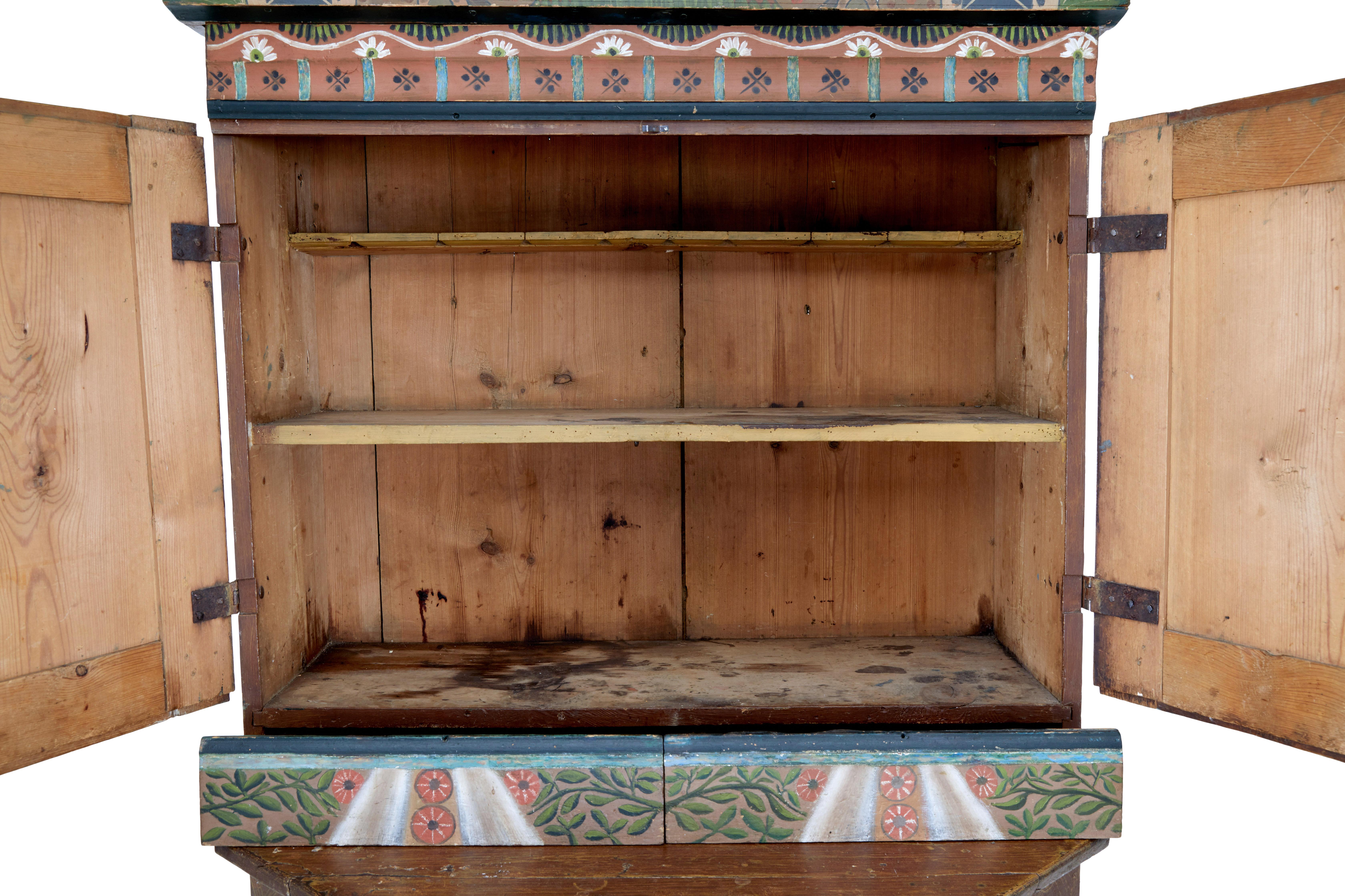Carved Swedish Late 18th Century Hand Painted Folk Art Cupboard