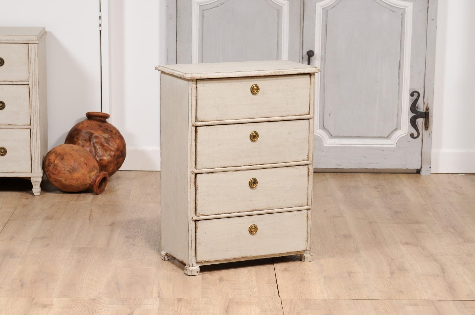 Carved Swedish Late 19th Century Light Grey Painted Bedside Chest with Four Drawers For Sale