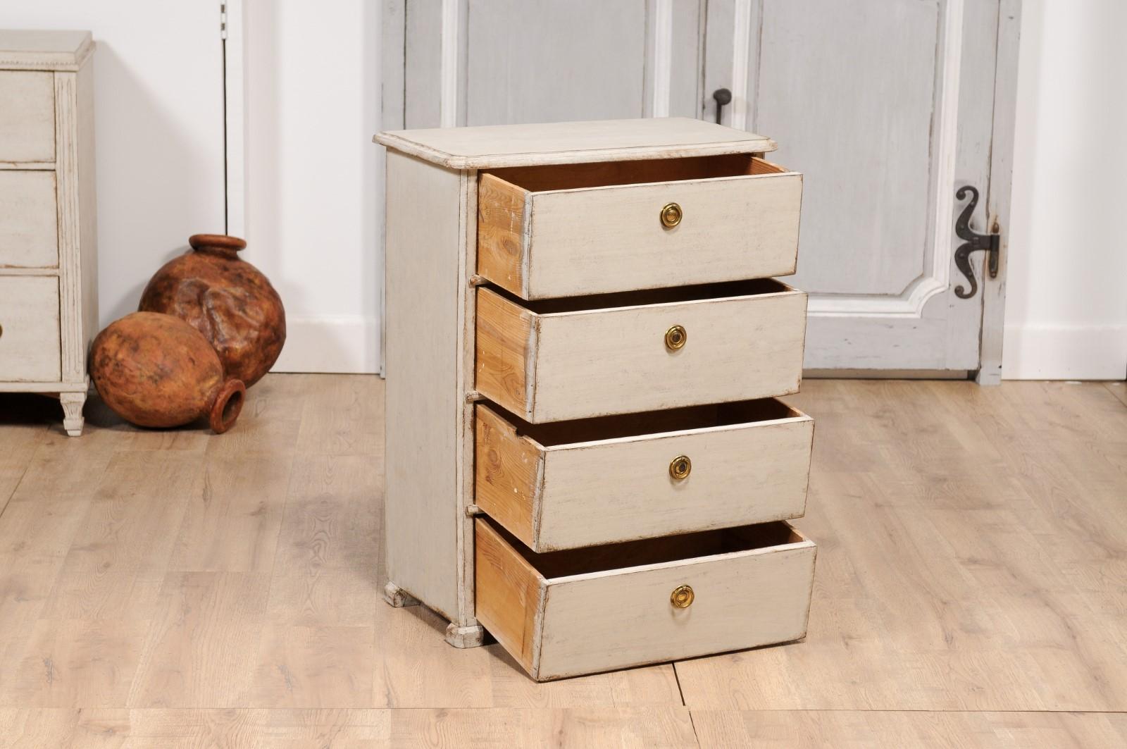 Brass Swedish Late 19th Century Light Grey Painted Bedside Chest with Four Drawers For Sale