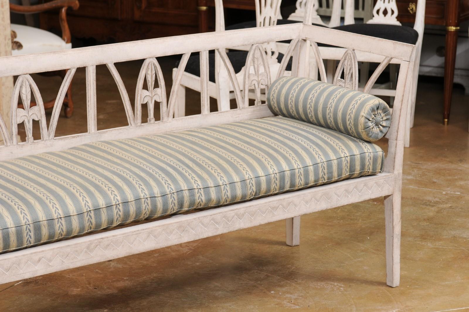 Upholstery Swedish Late Gustavian 1820s Painted Wood Sofa Bench with Foliage Carved Back