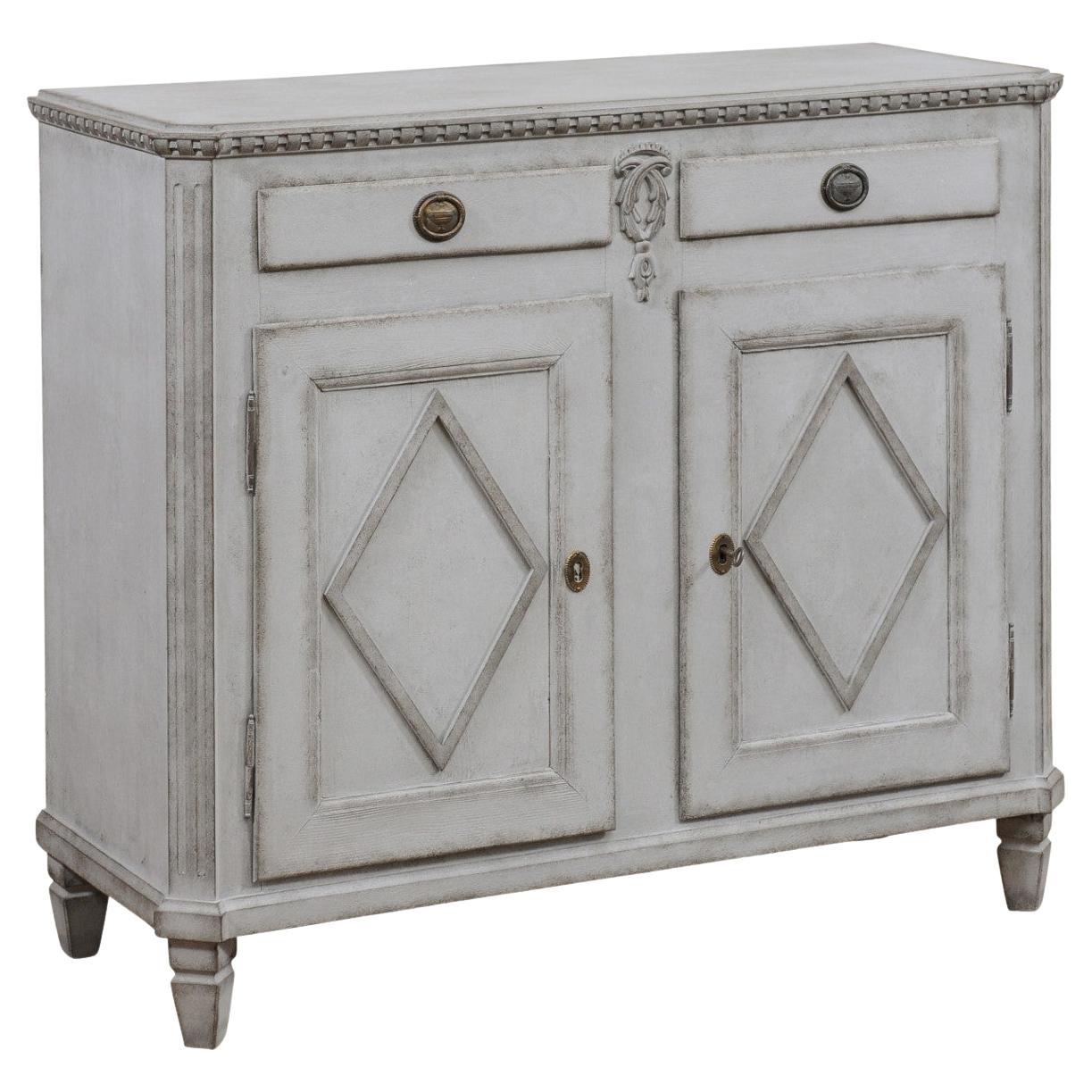 Swedish Late Gustavian 1830s Painted Sideboard with Two Drawers over Two Doors