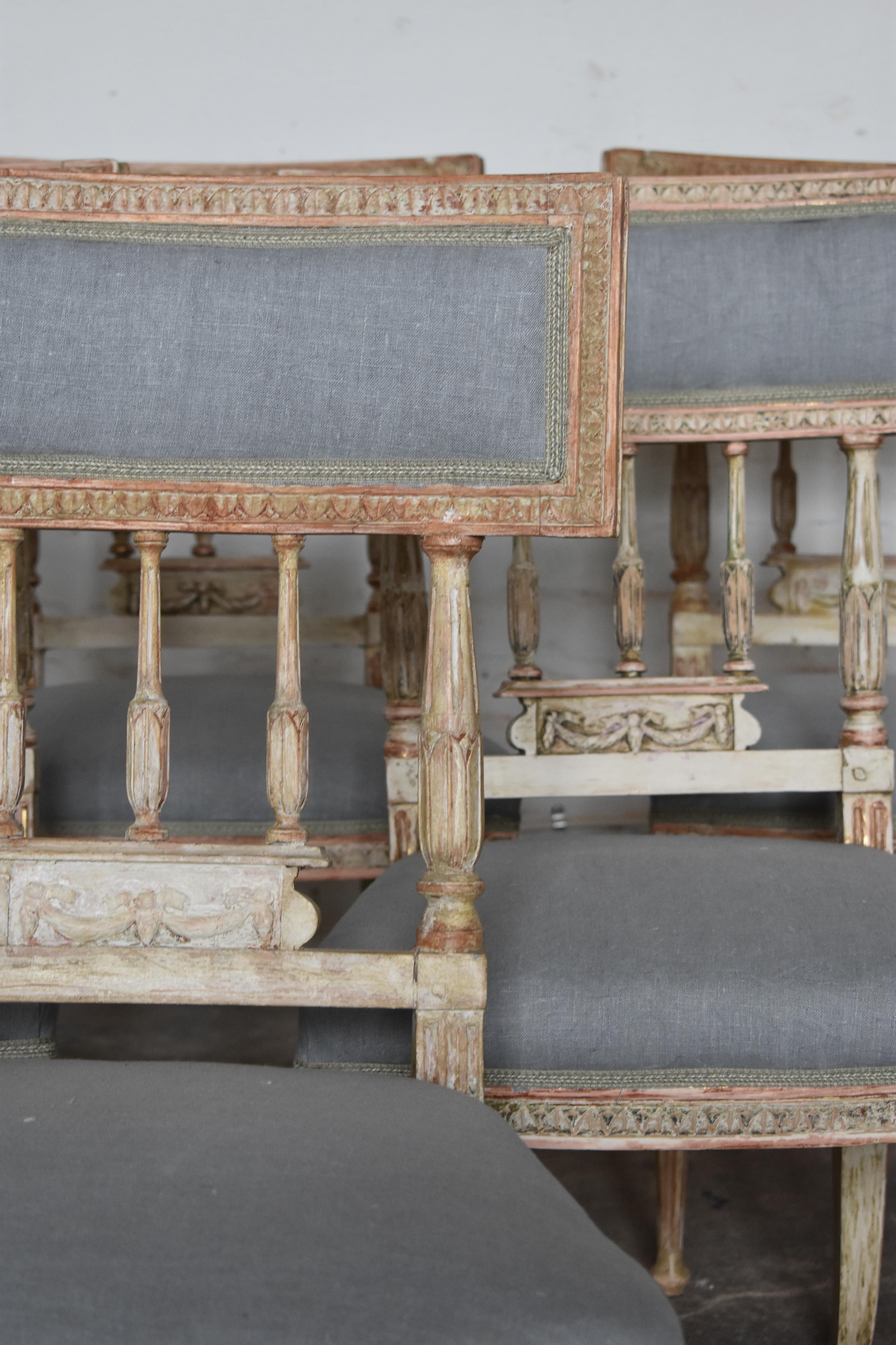 Swedish late Gustavian chairs, set of 6, by Anders Hellman Master-craftsman in Stockholm (1761-1794), signed AHM

Scraped to original color, signs of old guilt work 
New fabric 
Original upholstery.