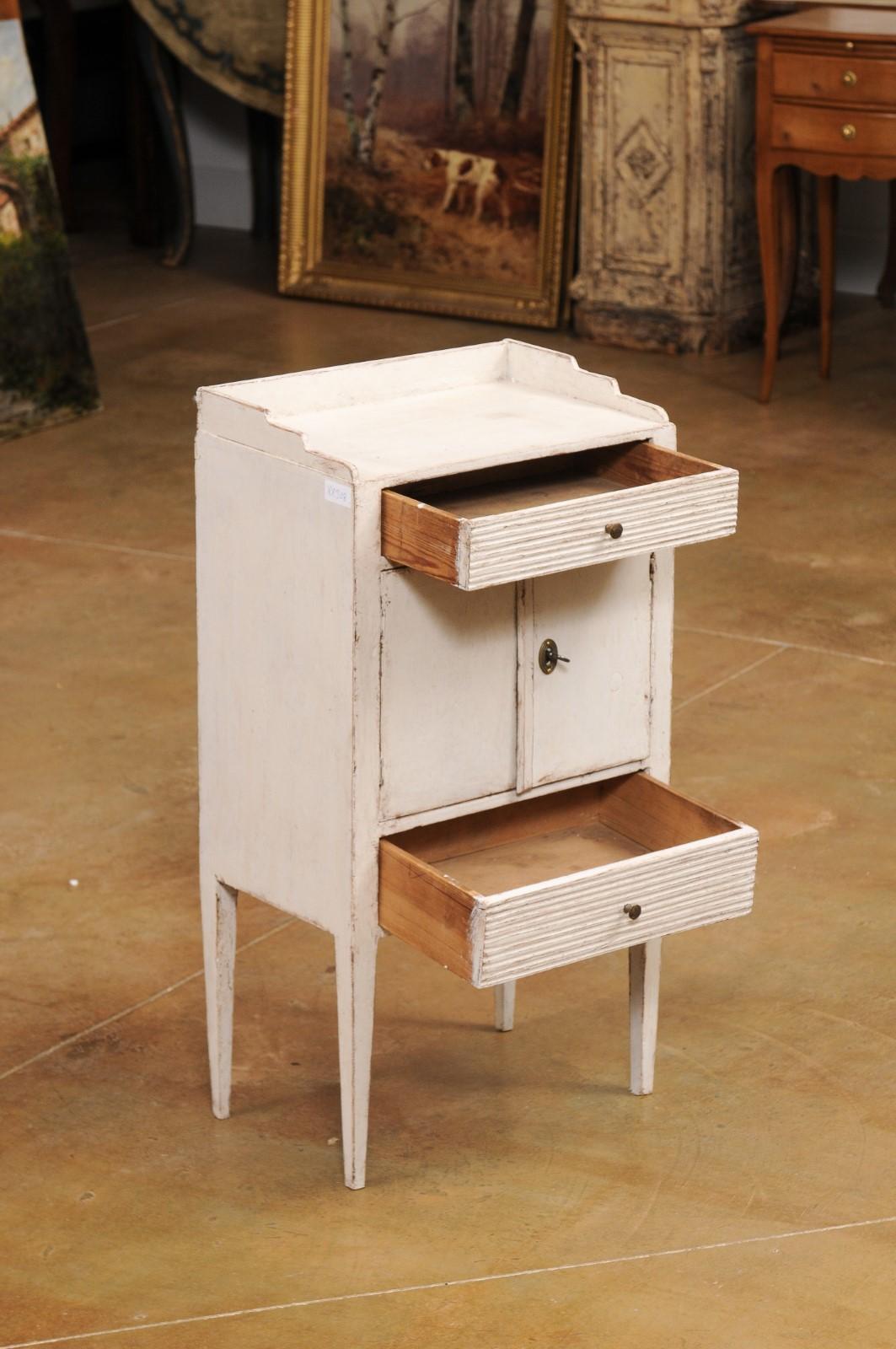 Carved Swedish Late Gustavian Period 1820s Painted Bedside Table with Drawers and Doors