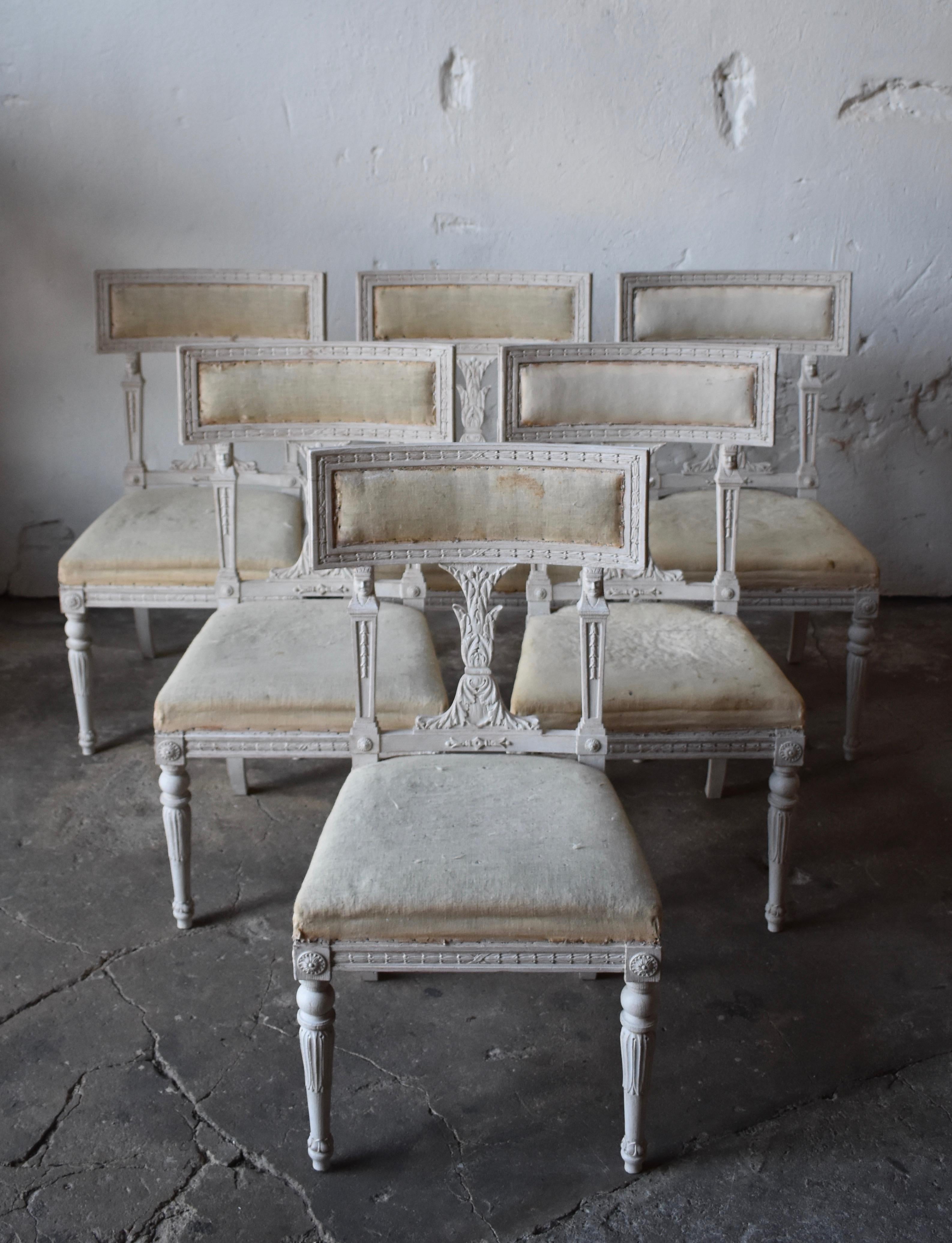 Swedish late Gustavian style dining chairs set of 6, 1920s
Created in the manor of E. Staahl  

Original upholstery 
Parts of original fabric.
         