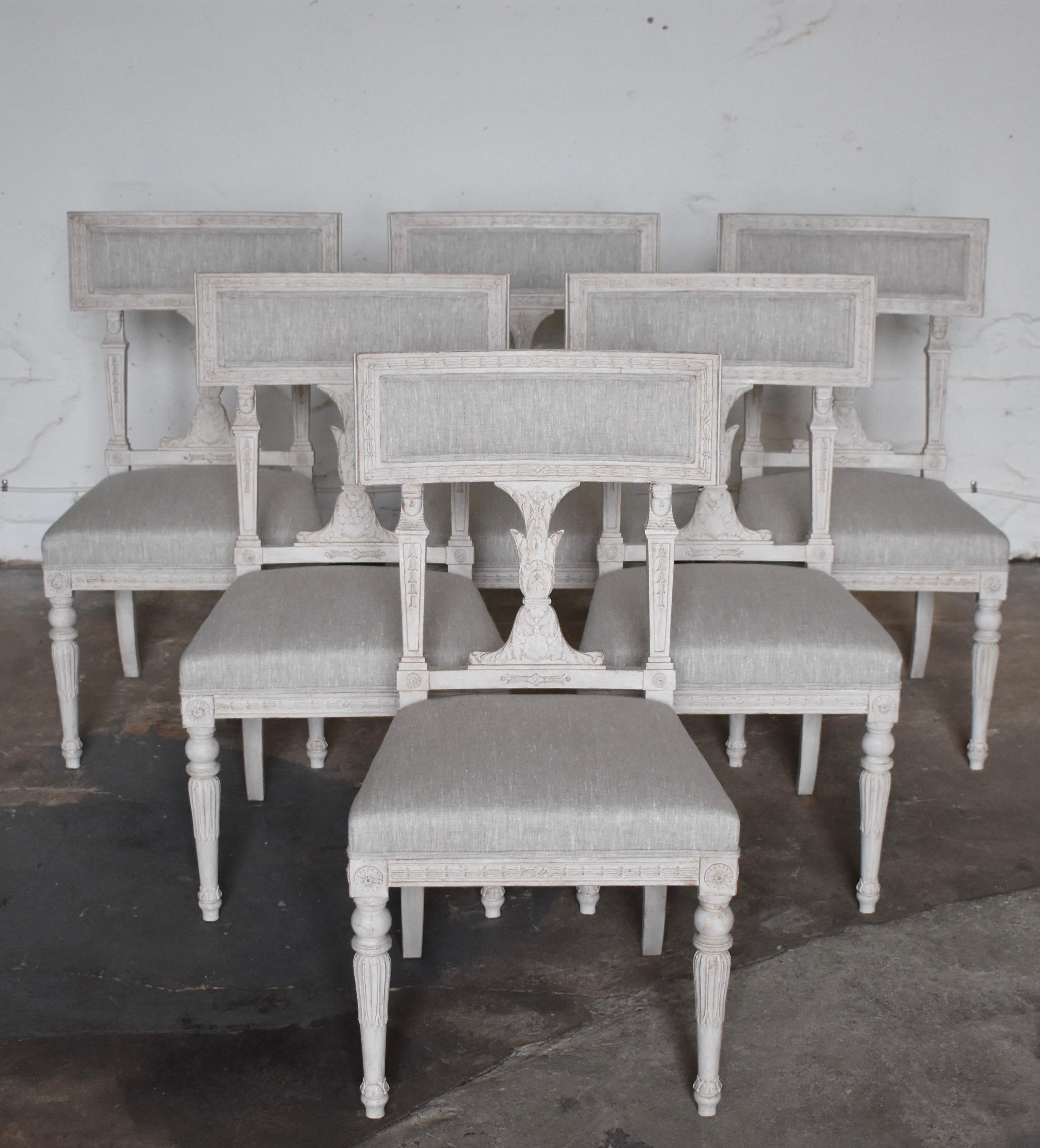 Swedish Late Gustavian Style dining chairs set of 6, 1920s
Original upholstery 
New Fabric 

Scraped color with distressed antique white finish.
  