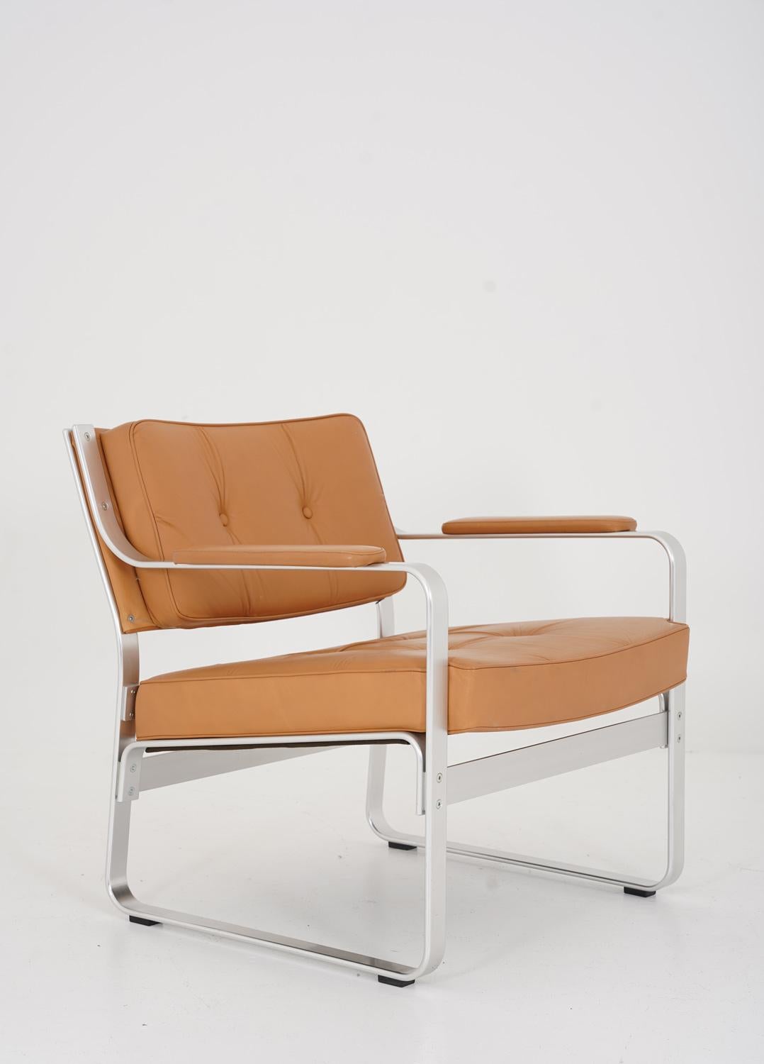 Scandinavian Modern Swedish Leather and Aluminium Lounge Chairs 