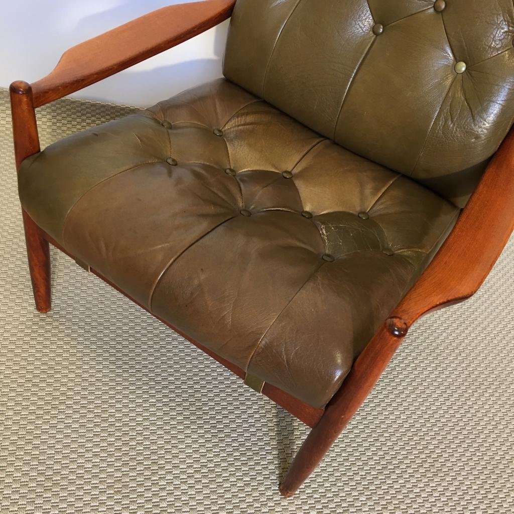 Swedish Green Leather and Mahogany Läckö Easy Chair by Ingemar Thillmark for OPE For Sale 5