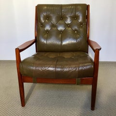 Swedish Green Leather and Mahogany Läckö Easy Chair by Ingemar Thillmark for OPE