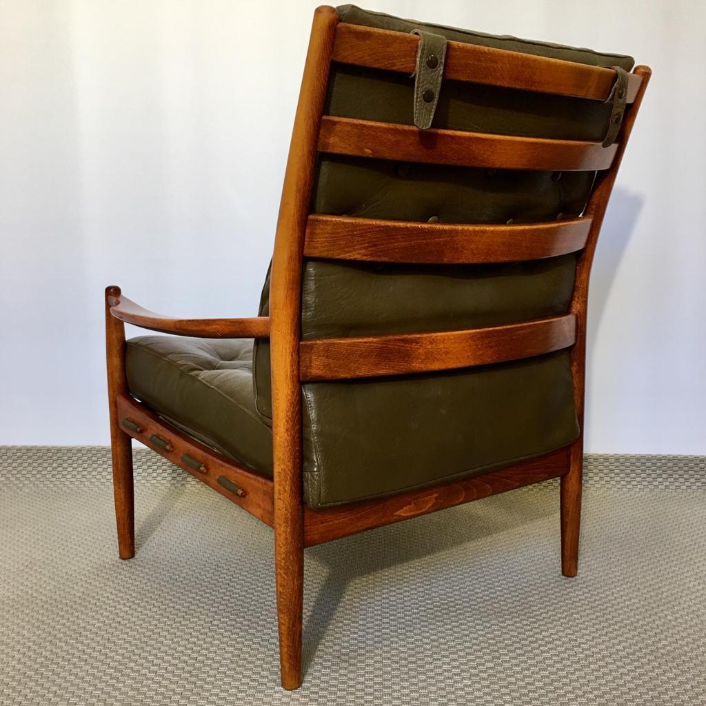 Mid-20th Century Swedish Green Leather and Mahogany Läckö Easy Chair by Ingemar Thillmark for OPE For Sale