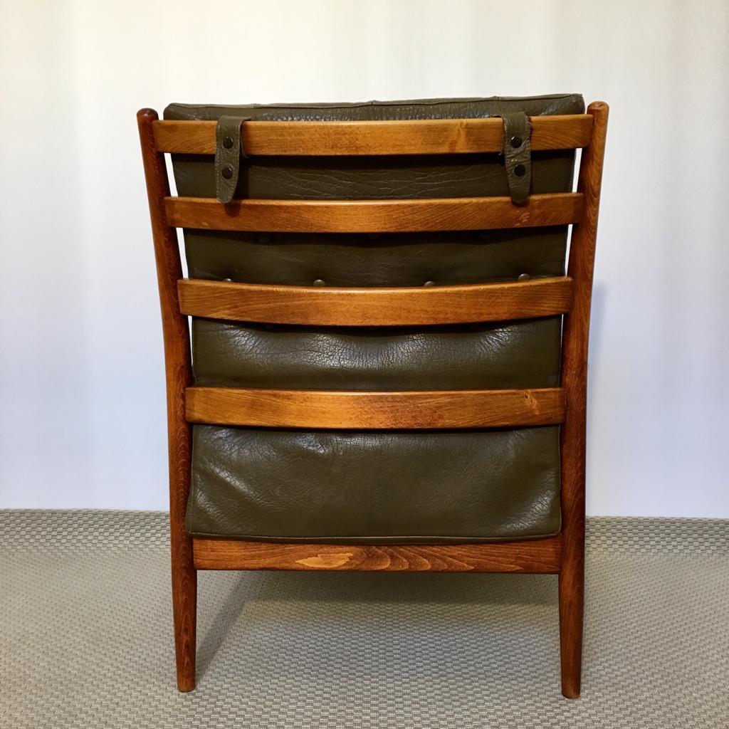 Swedish Green Leather and Mahogany Läckö Easy Chair by Ingemar Thillmark for OPE For Sale 1