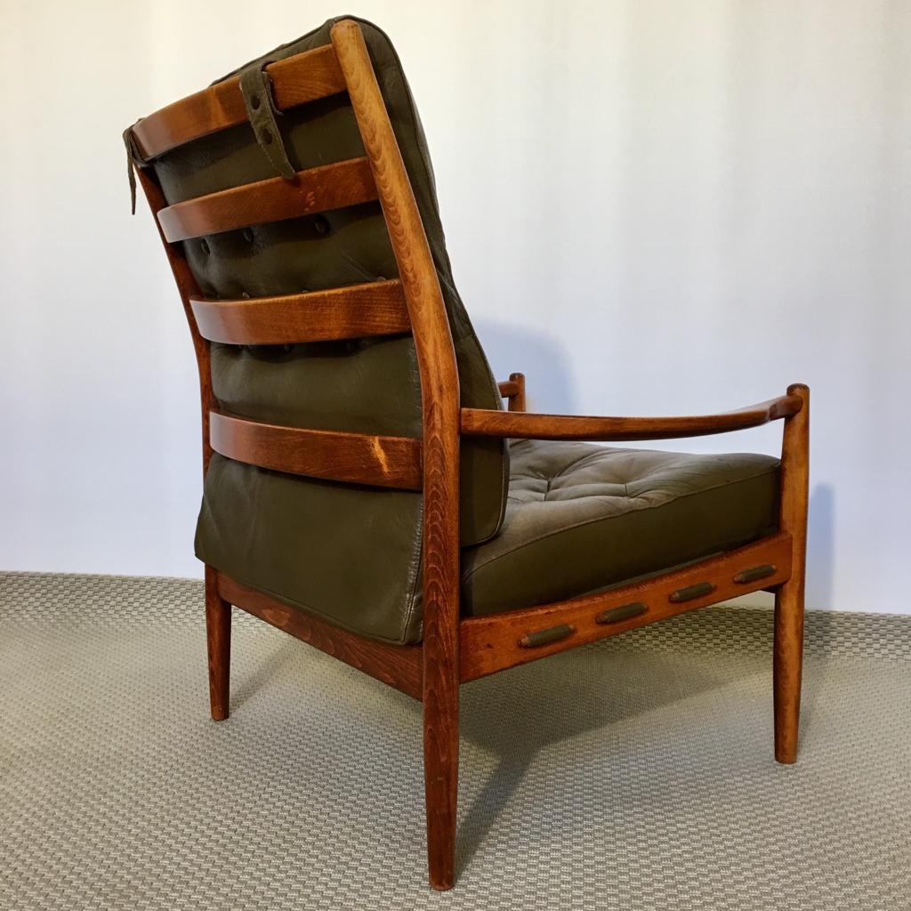 Swedish Green Leather and Mahogany Läckö Easy Chair by Ingemar Thillmark for OPE For Sale 2