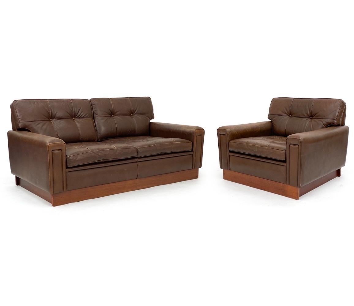 Brown tone leather tufted cushions. Designed in the manner of Arne Norell. This armchair is part of a sofa suite, please see my other listing or DM me for the matching sofa couch.