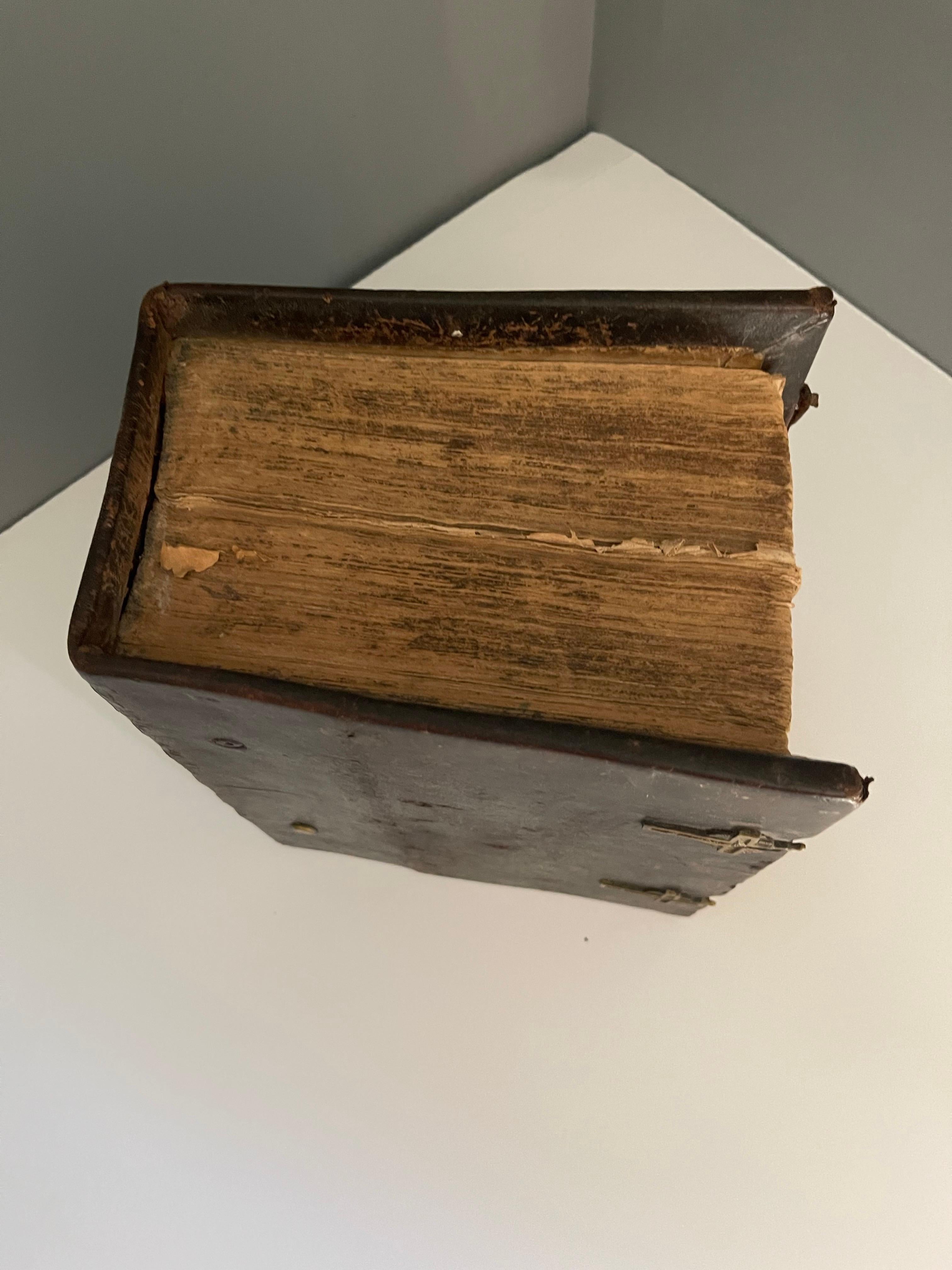 Paper Swedish Leather Bound and Brass Locks Family Holy Bible, Circa 1849 For Sale