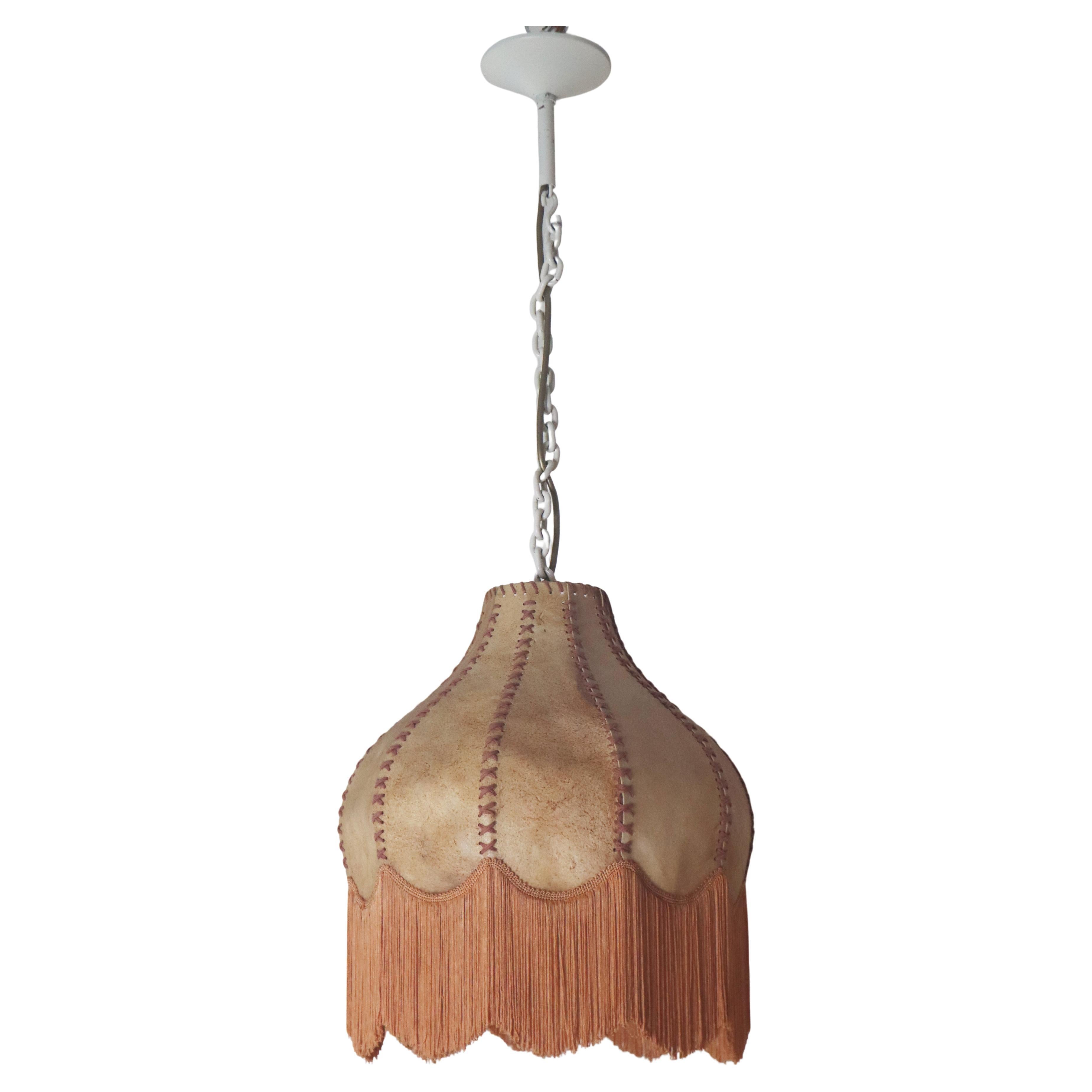 Swedish Leather Pendant Lamp in Onion Shape, Fringed, 1970s Style im Angebot