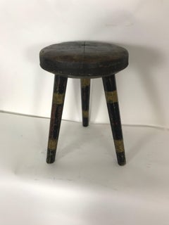 Swedish Leather Topped Stool with Black and Gold Striped Legs