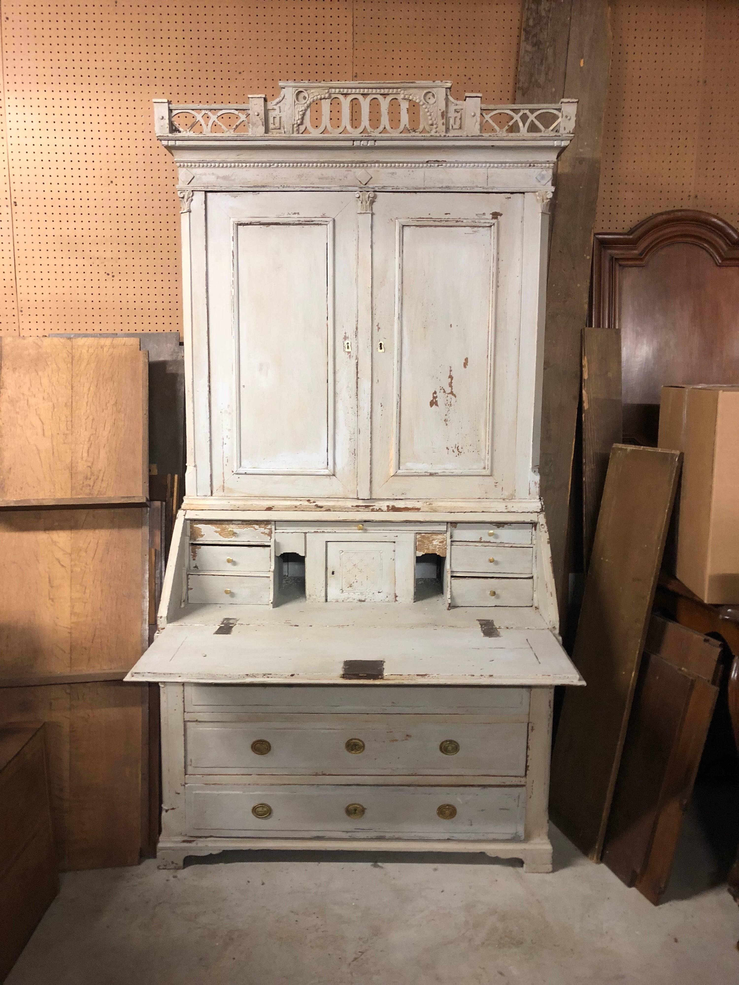 18th Century and Earlier Swedish Louis XVI Painted Bookcase Secretary