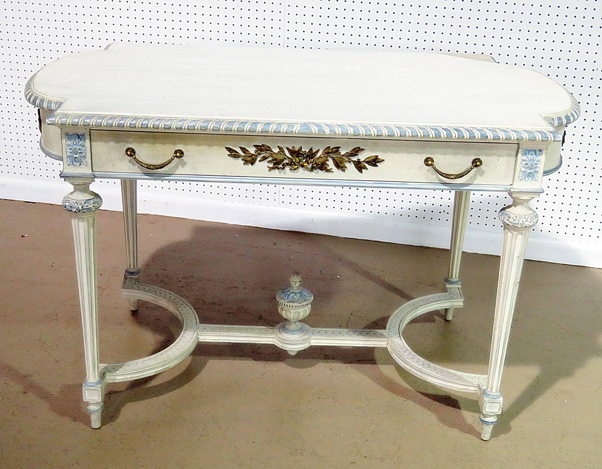 Swedish Louis XVI style distressed painted library table with one drawer.