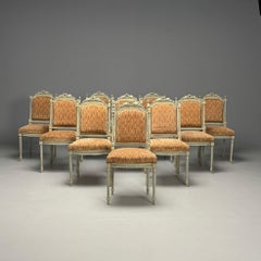 Swedish Louis XVI Style, Ten Dining Chairs, Grey Carved Wood, Fabric, 20th C.