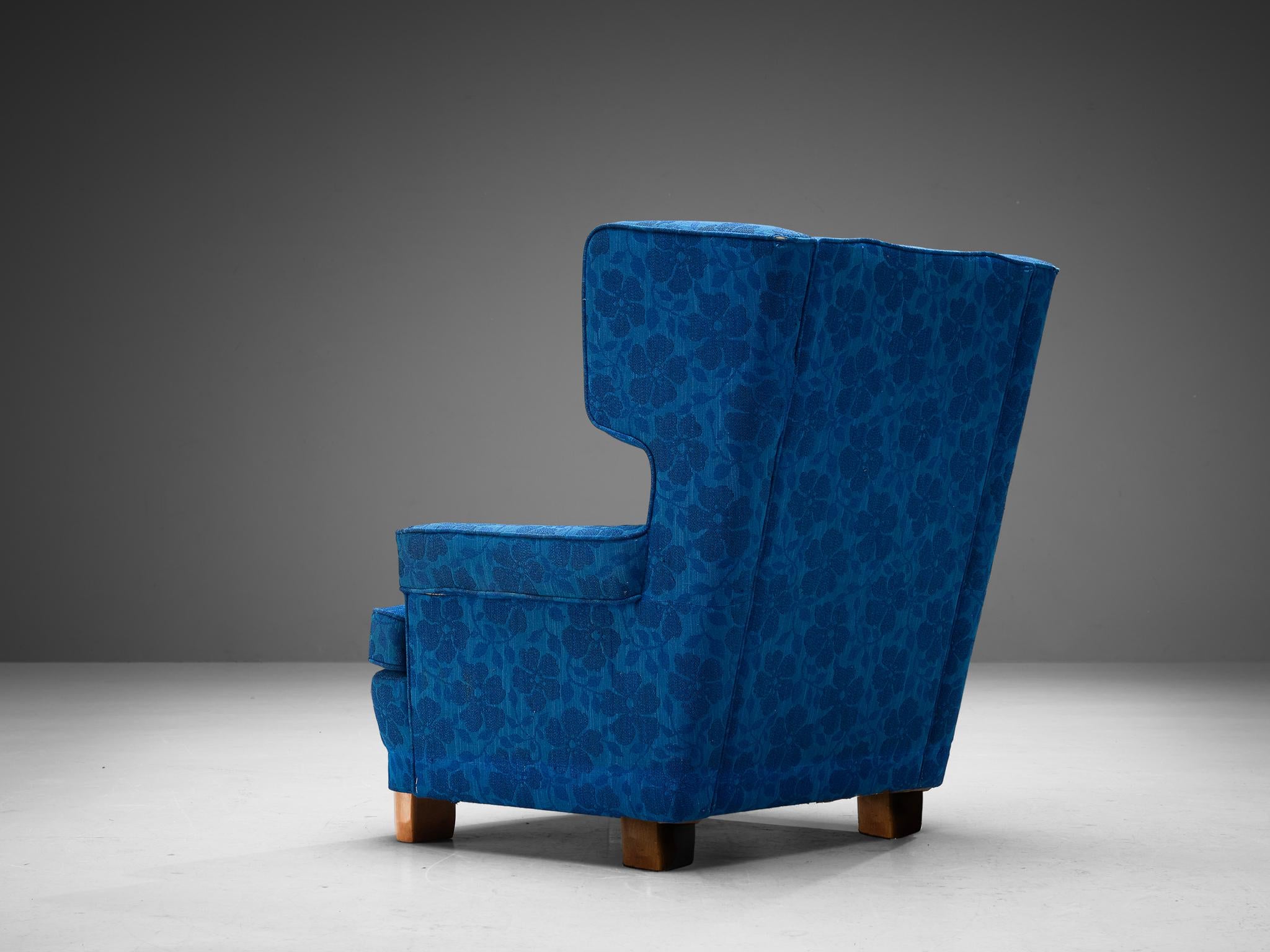 Mid-20th Century Swedish Lounge Chair in Blue Floral Upholstery For Sale