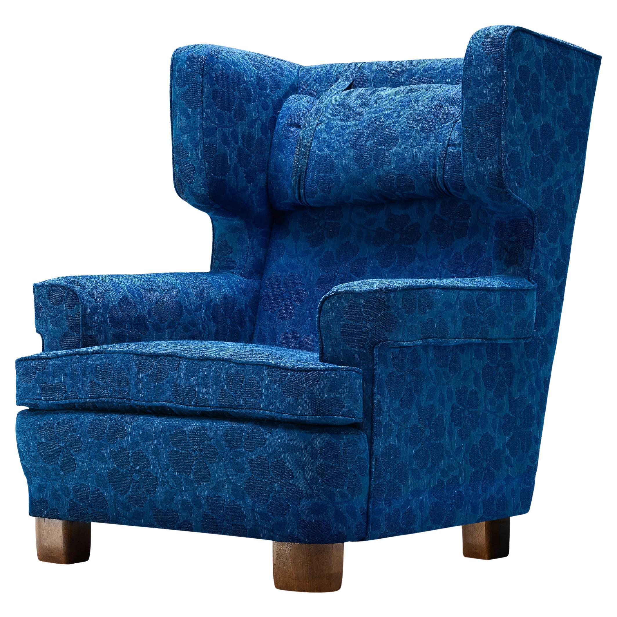Swedish Lounge Chair in Blue Floral Upholstery For Sale