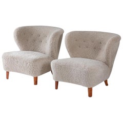 Swedish Lounge Chairs in Sheepskin by Gösta Jonsson, 1940s